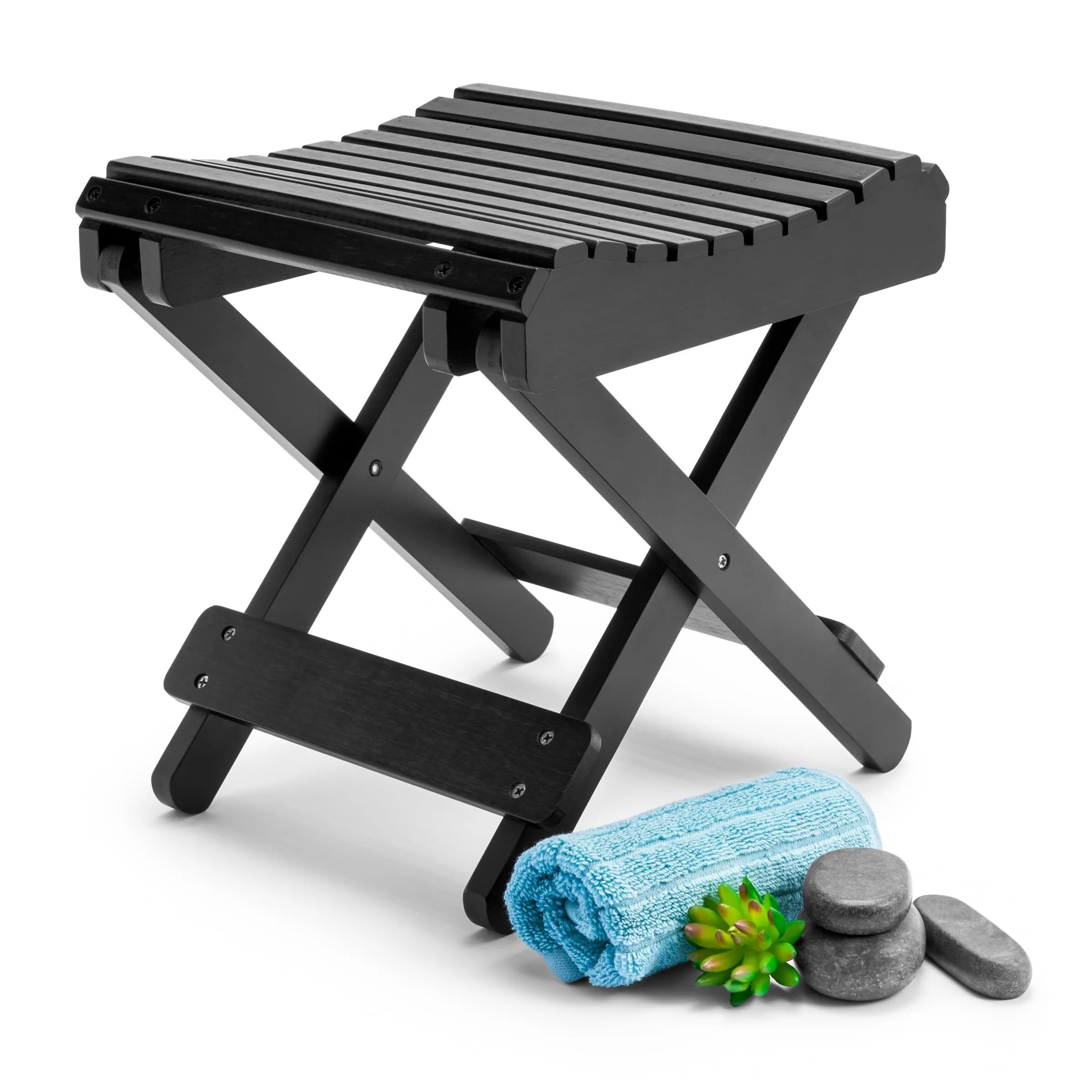 Reposapiés de ducha plegable de bambú negro, taburete plegable de bambú natural, asiento de ducha plegable de bambú, completamente ensamblado 1