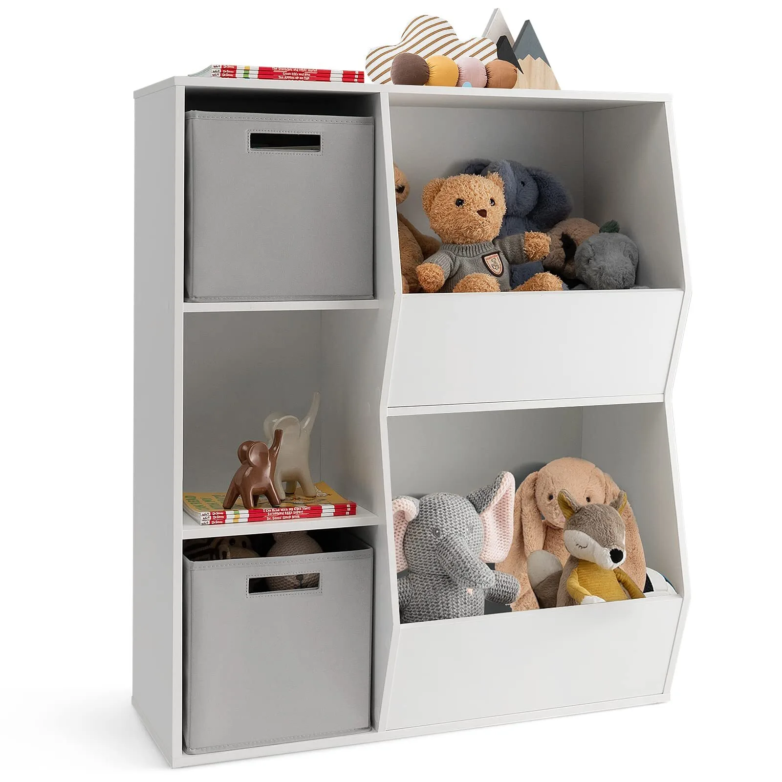 Organisateur de rangement pour jouets pour enfants avec bibliothèque, étagère pour enfants et bacs de rangement pour jouets pour tout-petits (blanc et gris) 1