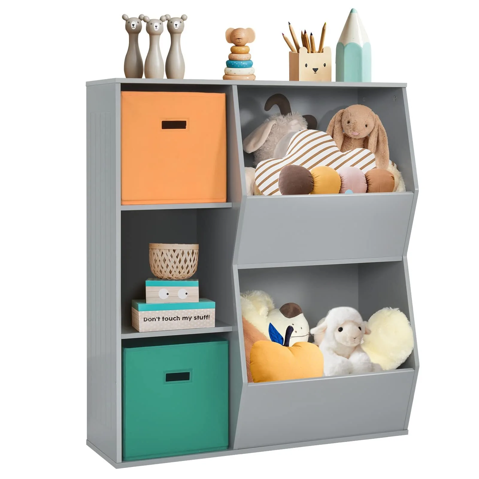 Bibliothèque et bacs de rangement pour jouets pour tout-petits, organiseur de rangement pour jouets pour enfants avec bibliothèque, gris foncé 1