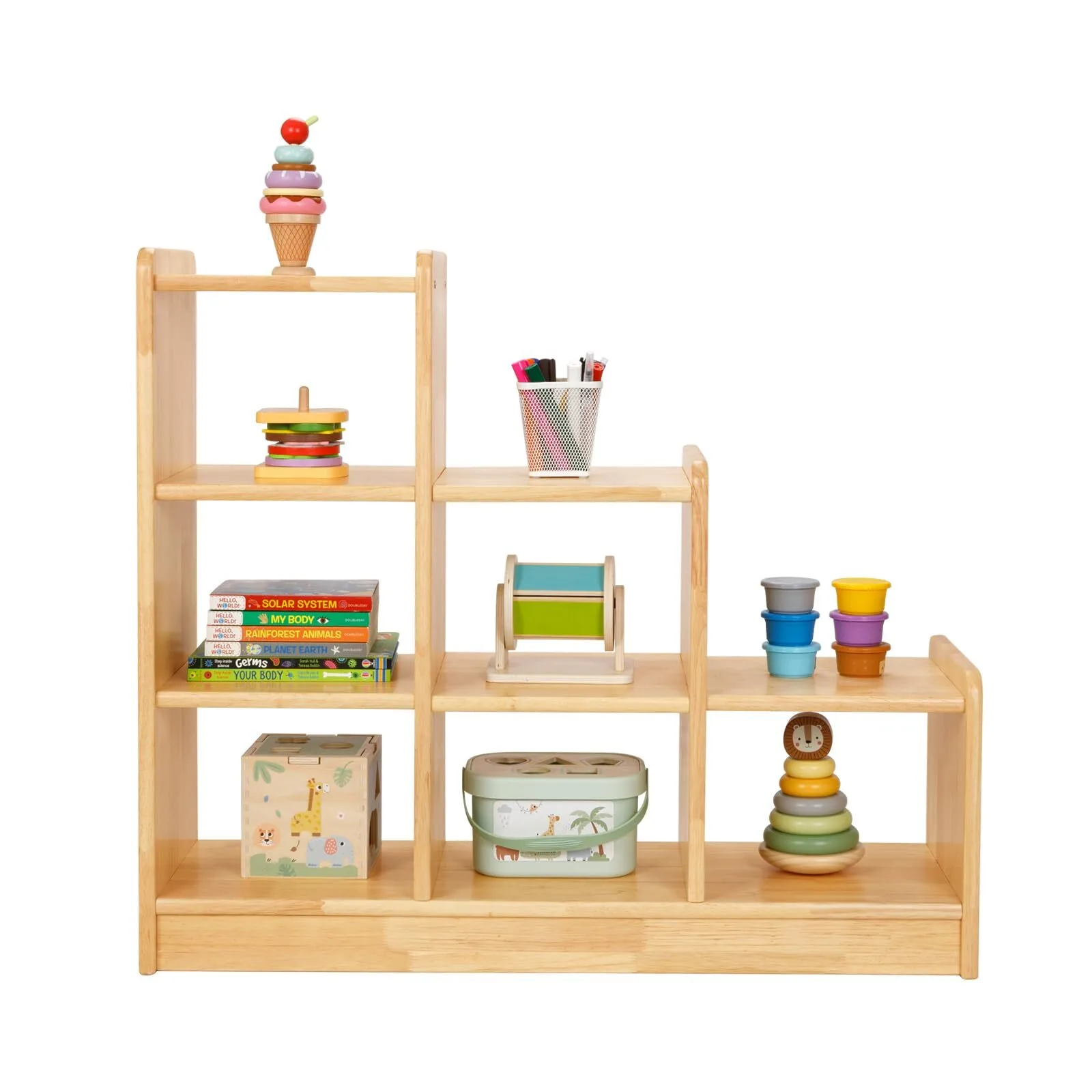 Organizador de almacenamiento de madera de 6 cubos, estante esquinero de escalera con plataforma de exhibición, estantería infantil de 3 niveles para guardar juguetes, muebles infantiles, madera maciza natural 1