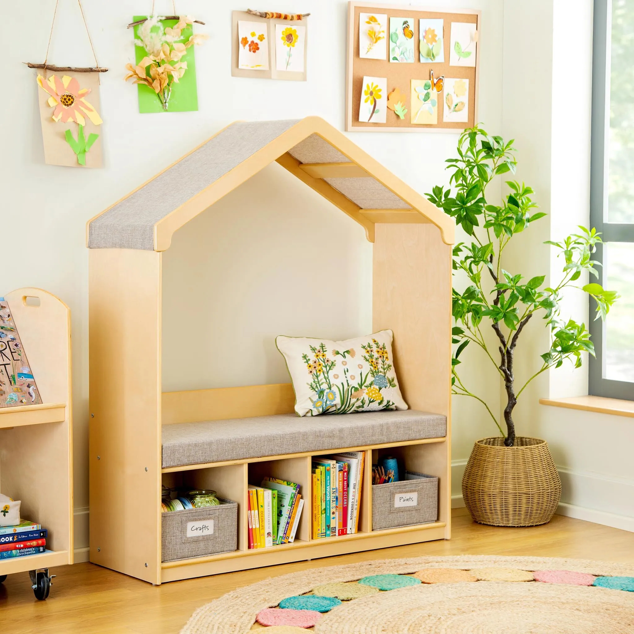 EdQ Kids' Reading Nook - White: Wooden Reading Bench Bookshelf Organizer with Storage Cubbies and Bins for Books combohome 1