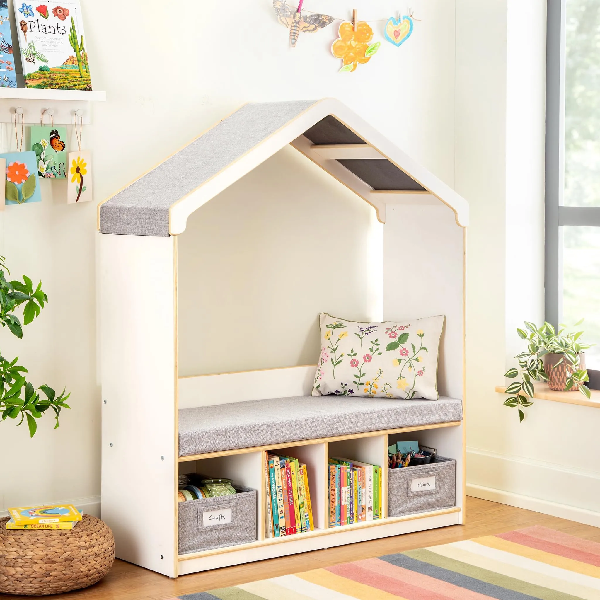 Natural Wooden Reading Bench Bookshelf Organizer with Storage Cubbies and Bins for Books 1