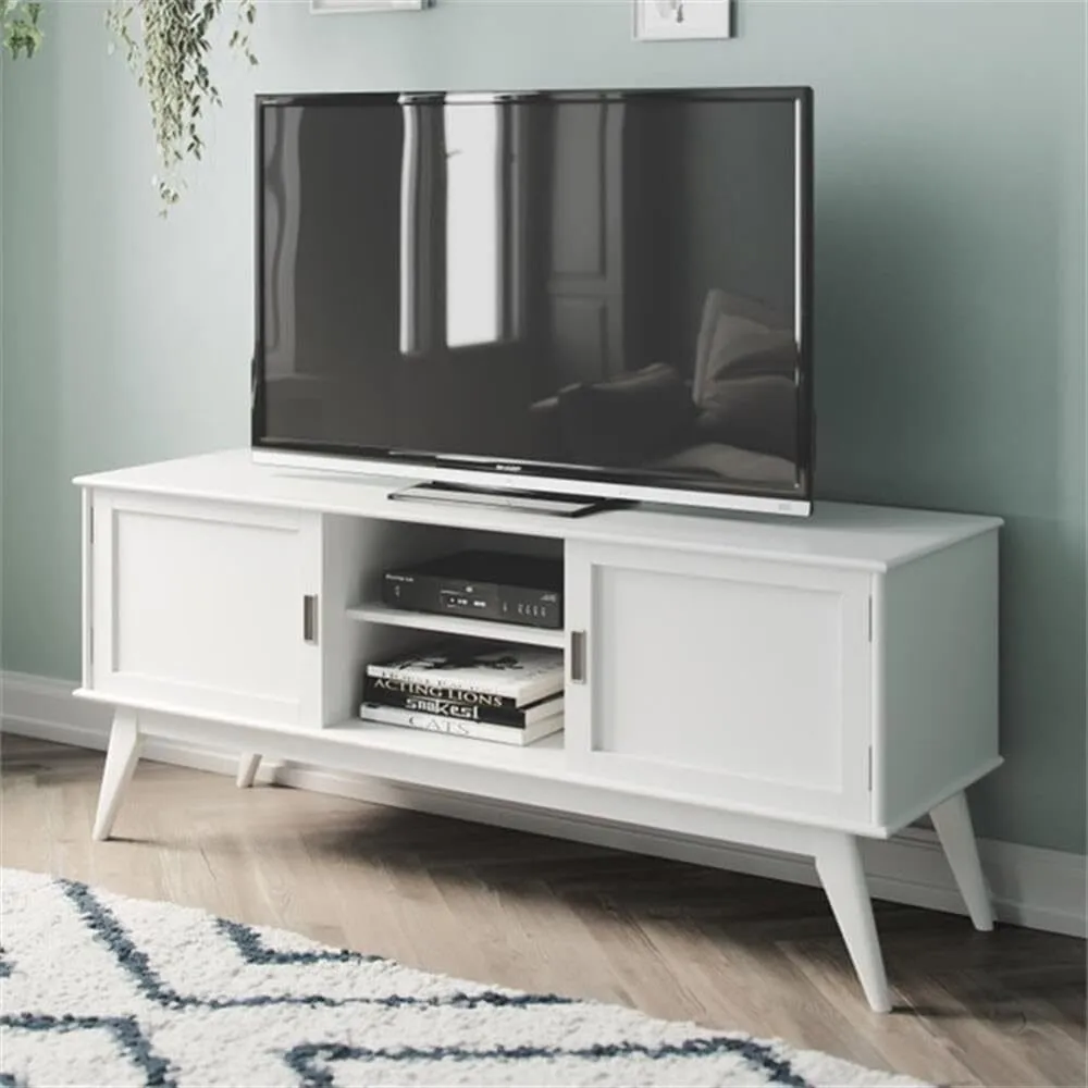 Soporte para TV Draper de madera maciza de 60 pulgadas de ancho, estilo moderno de mediados de siglo, en blanco, para televisores de hasta 65 pulgadas, para la sala de estar y el centro de entretenimiento 1