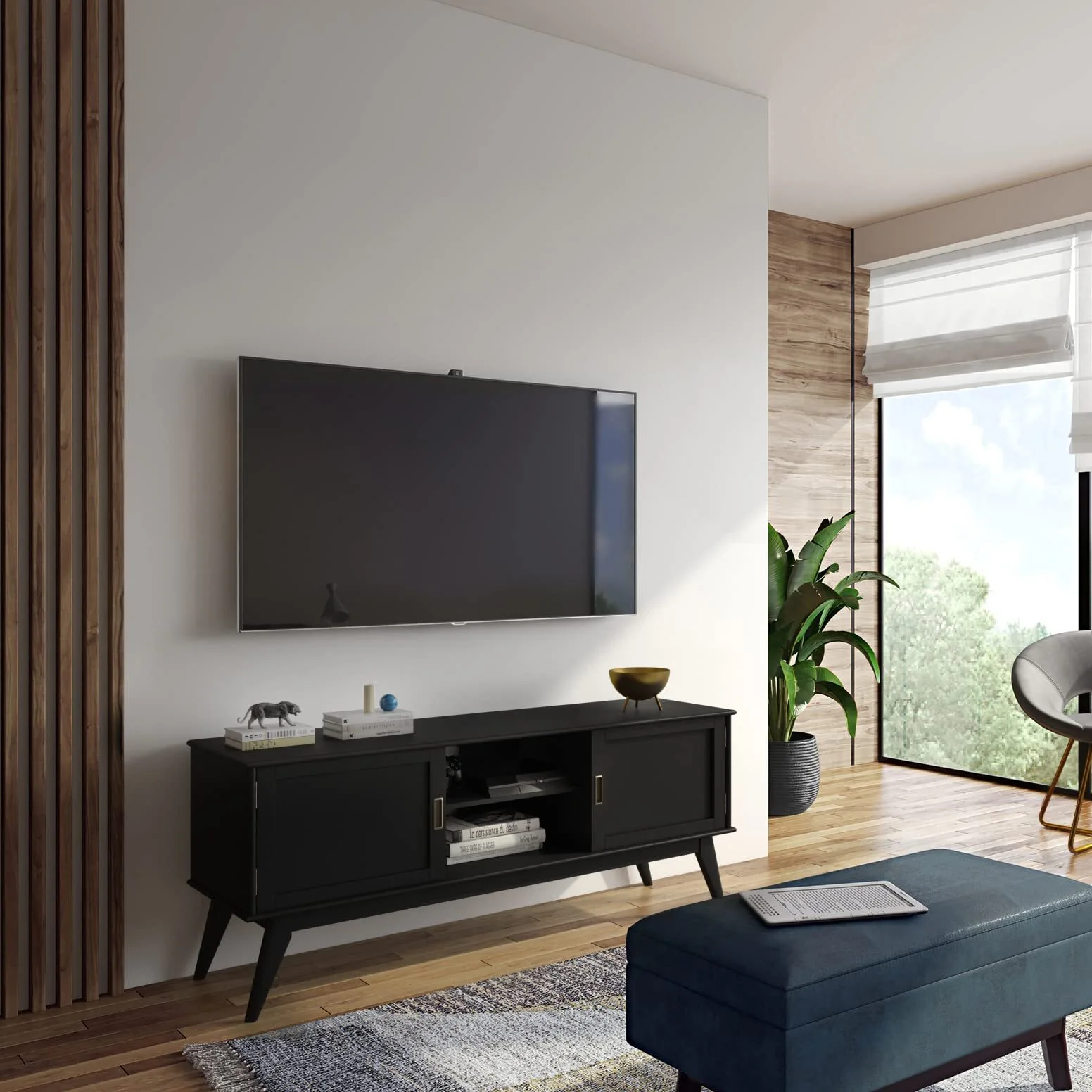 Combohome Black Draper - Mueble para TV de madera maciza de 60 pulgadas de ancho, estilo moderno de mediados de siglo, en blanco, para televisores de hasta 65 pulgadas, ideal para la sala de estar y el centro de entretenimiento. 1