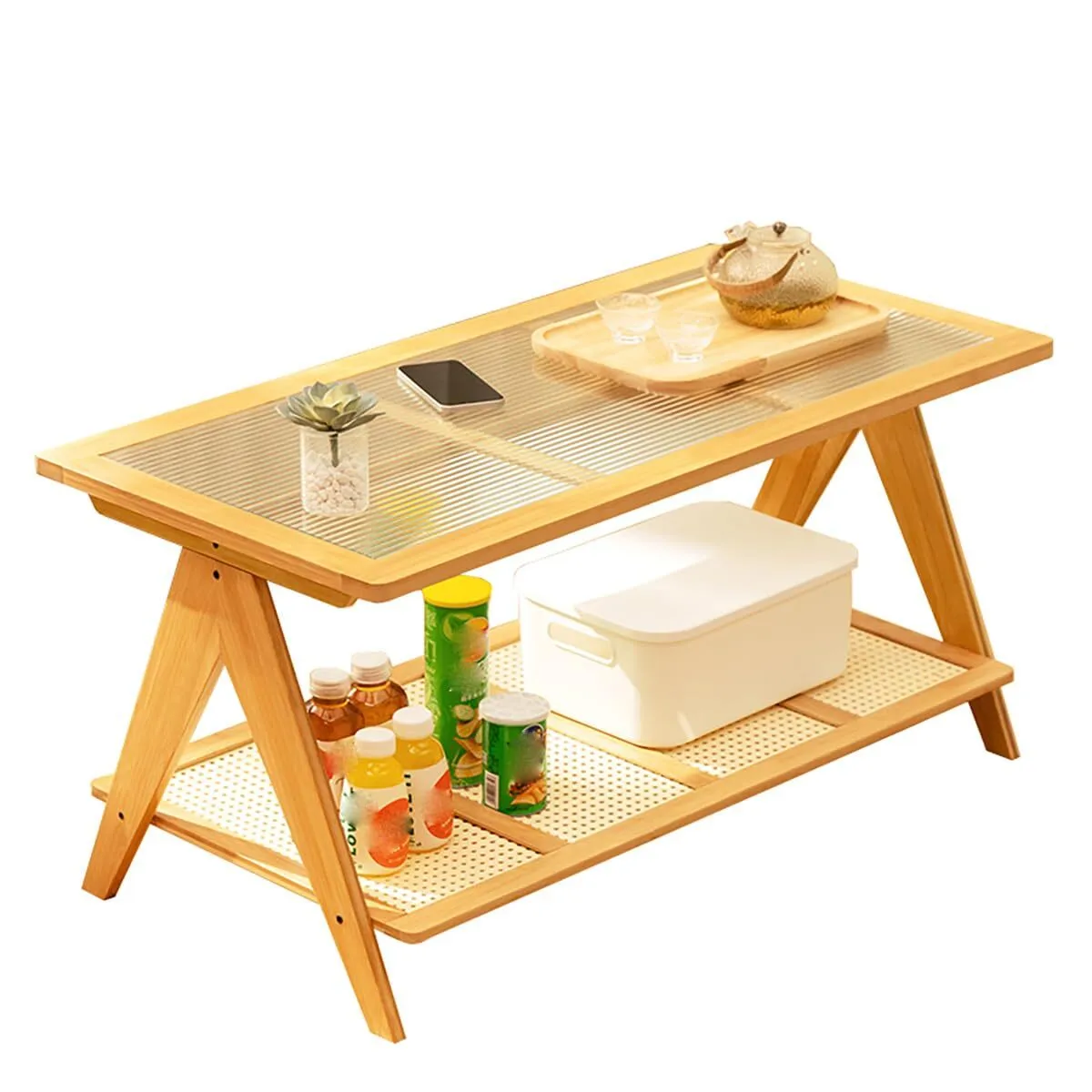 Combohome Table d&39;appoint en bambou massif, table d&39;appoint en verre, meuble d&39;appoint double couche grande capacité avec rangement pour salon, balcon et chambre 1