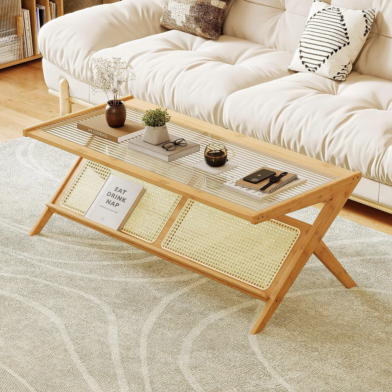 Table basse en rotin style milieu du siècle Combohome, table moderne en bambou avec plateau en verre pour salon et bureau 1