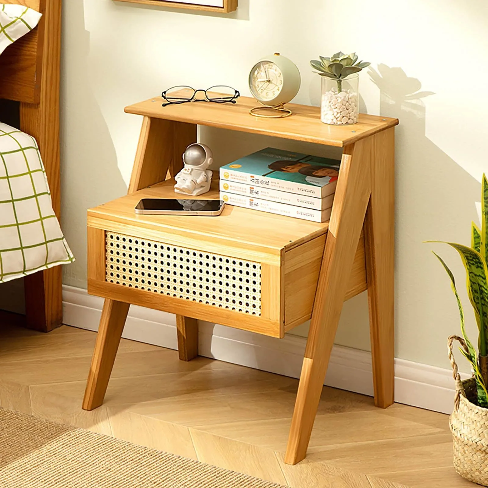 Bamboo Nightstand Bed Side Table/Night Stand with ABS Rattan Decor Drawer  Open Shelf, End Table for Bedroom 1