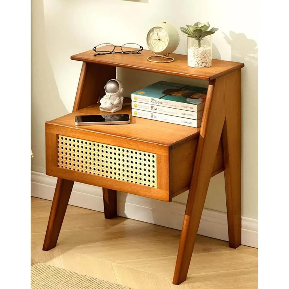100% Natural Light Bamboo Nightstand End Side Table with ABS Rattan Decor Drawer for Bedroom 1