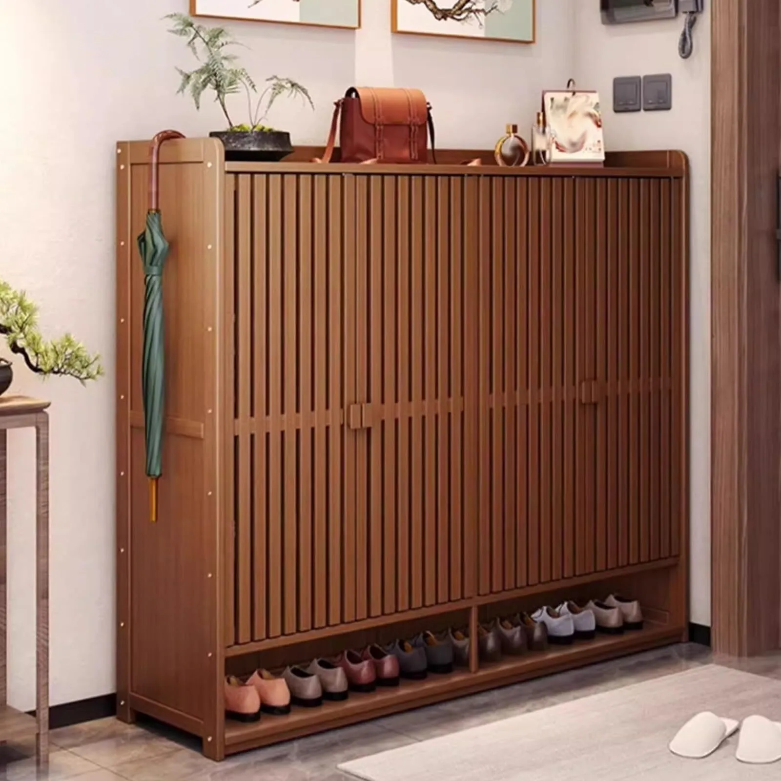 Natural Bamboo Shoe Cabinet 7 Tier, Narrow Shoe Cabinet for Entryway Slim, Shoe Organizer with Doors for Sneakers, Leather Shoes, High Heels, Slippers 1