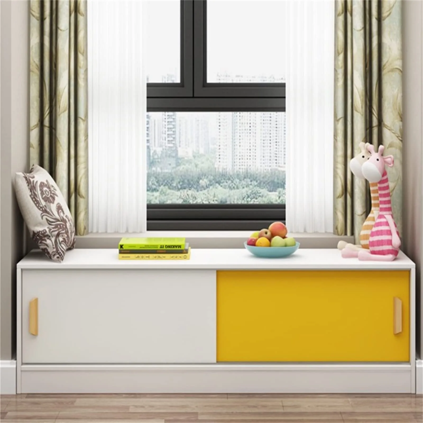 Window Low Cabinet -Yellow Color  Balcony Cabinet Sliding Door Storage Cabinet for Living room 1