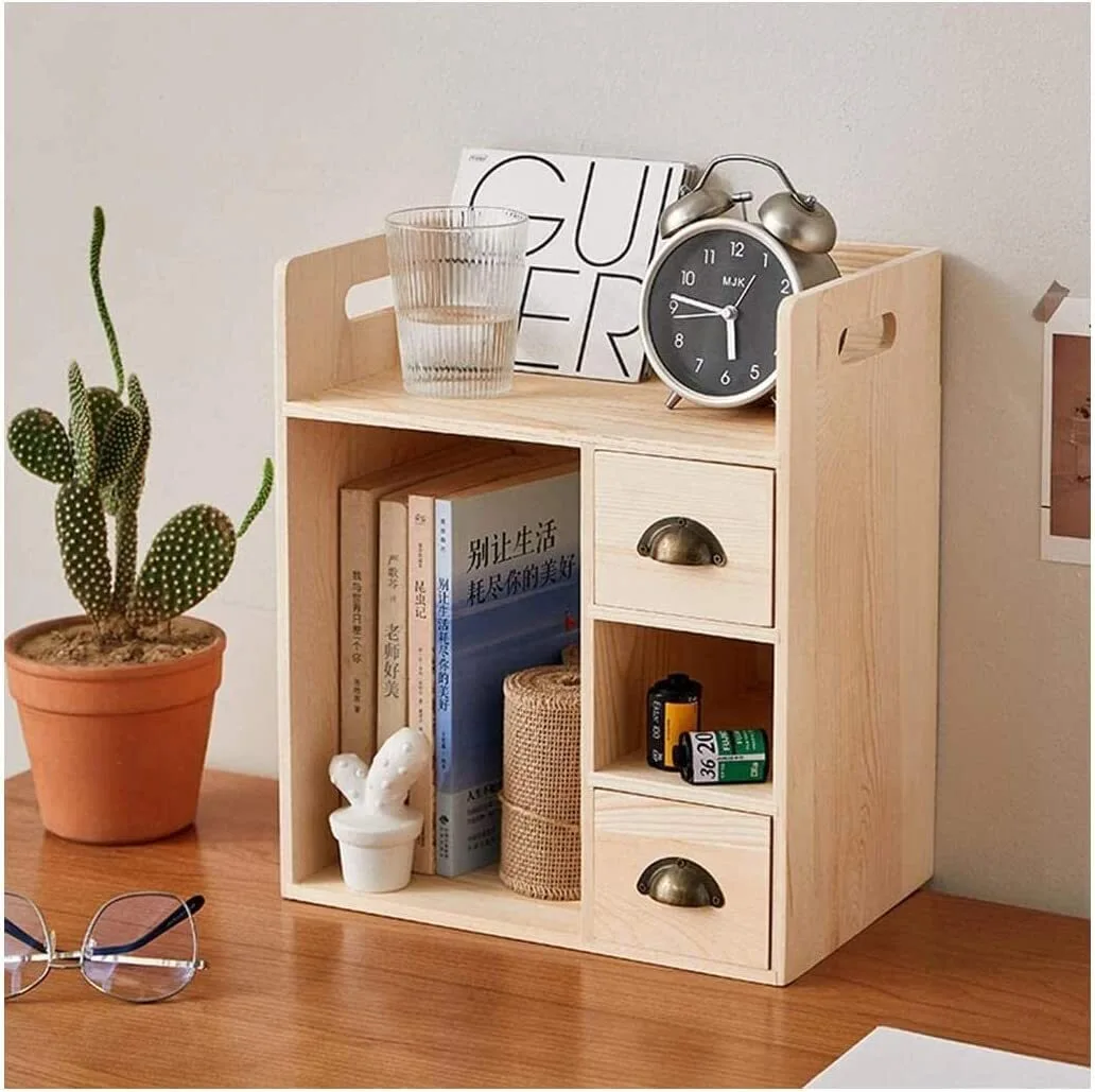 Narrow Bookshelf Wood Desktop Bookshelf with 2 Drawers Desktop Storage Organizer Display Shelf Rack for Home Office Supplies Countertop Bookcase Perfect Display 1