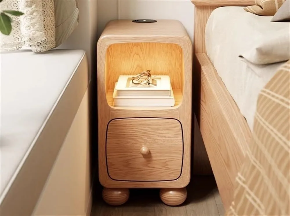 Solid Wood Nightstand with Light Night Stand with Wireless Charging Natural Wood Color 1