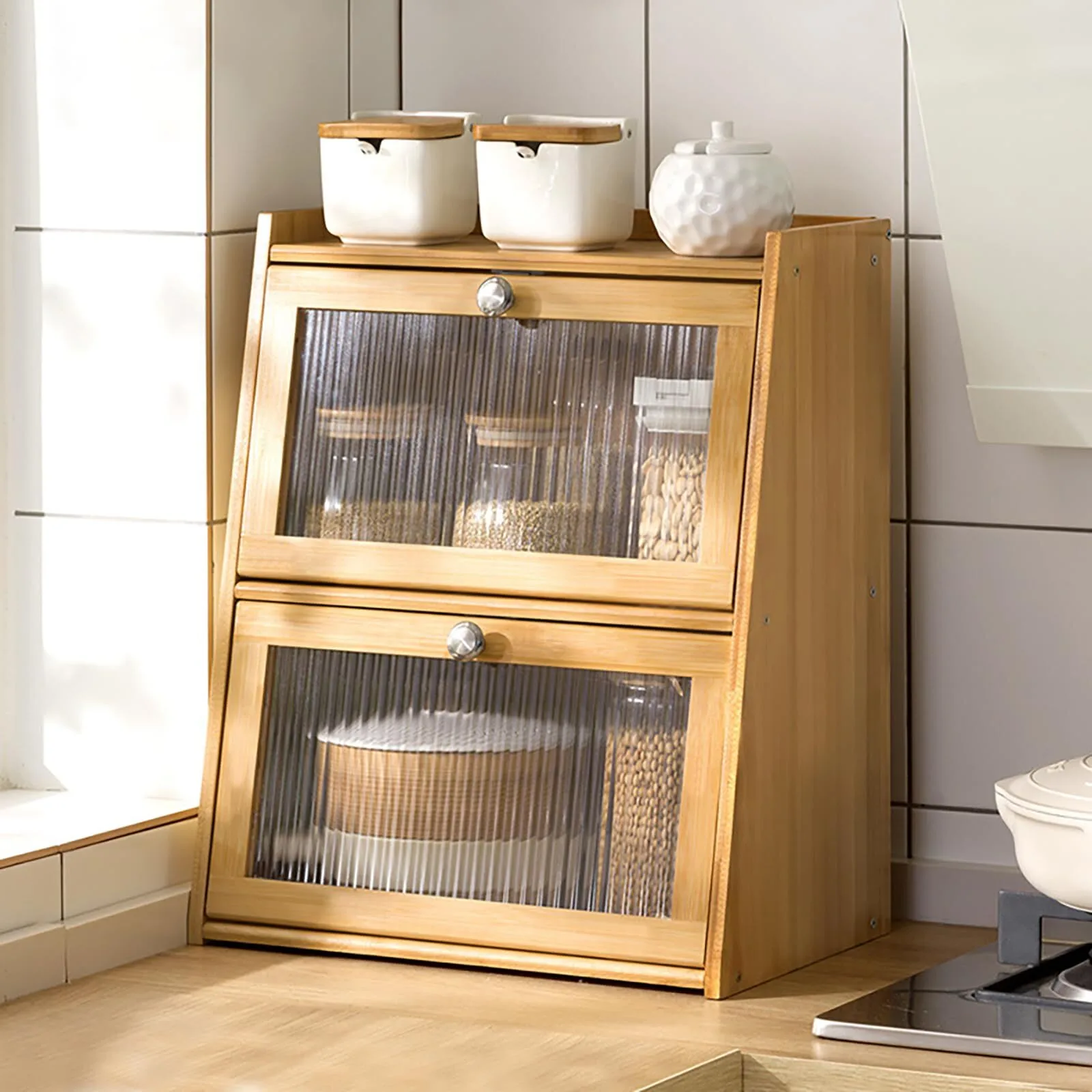 Cabinet with Door, Brown Bamboo Mini Kitchen Storage Unit Mini Kitchen Cabinet Kitchen Cabinet 2 Layer Storage Cabinet for Kitchen 1