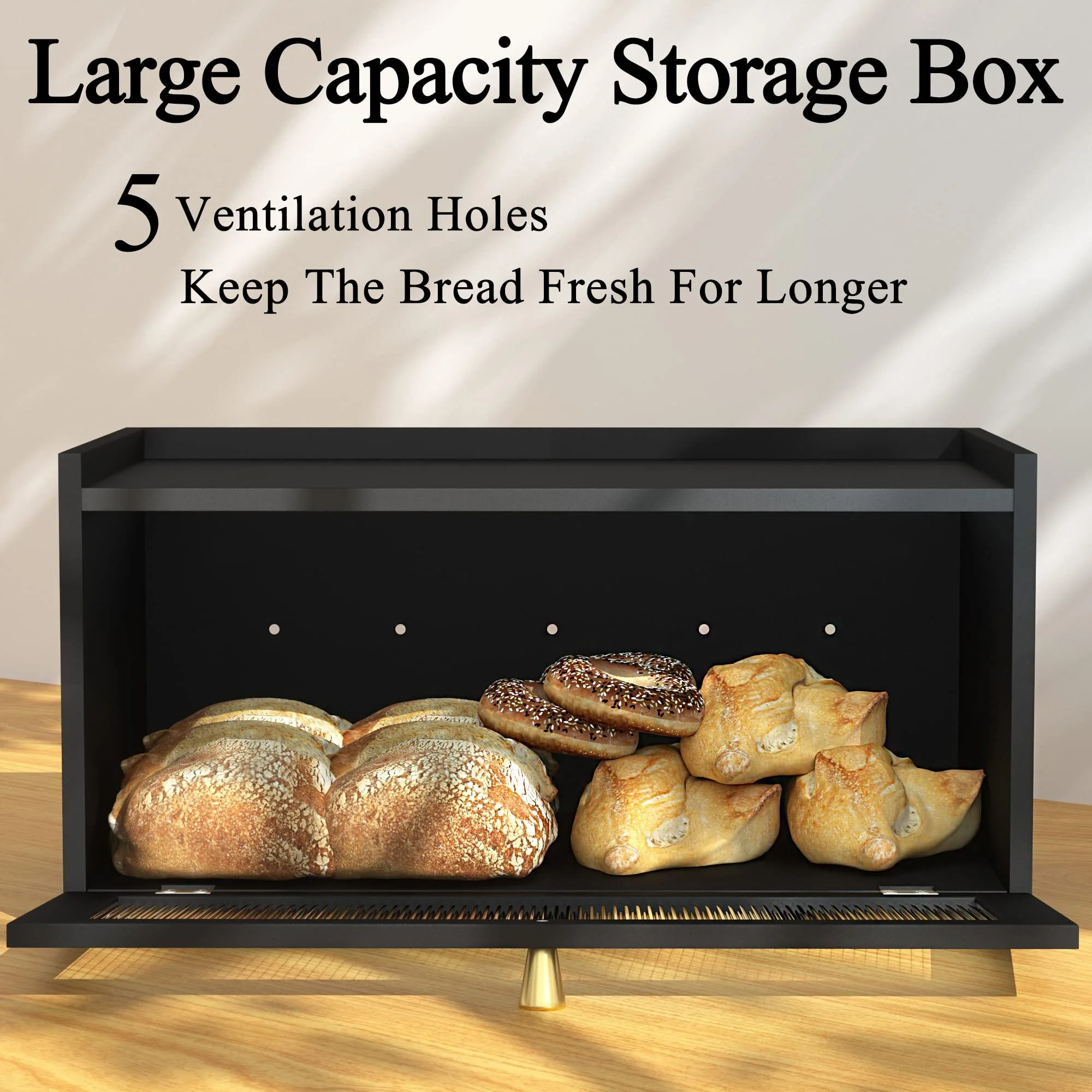 Combohome Black Bread Box for Kitchen Countertop-Large Modern bamboo Bread box with Window Bread Storage Container 1