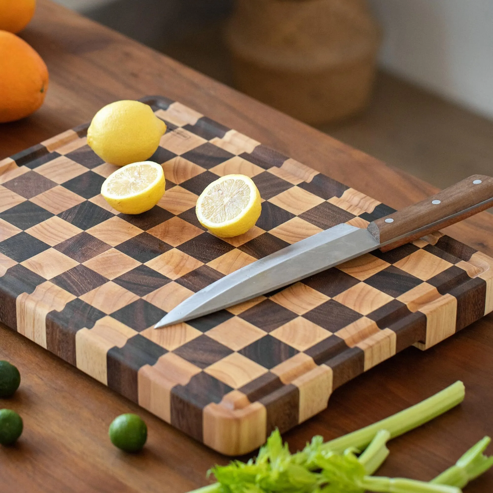 Combohome Wood Large End Grain Cutting Borad 20x14 In, Checkered Cutting Board with Feet, Made from Acacia and Rubberwood, Chopping Board For Kitchen with Juice Groove Handles 1