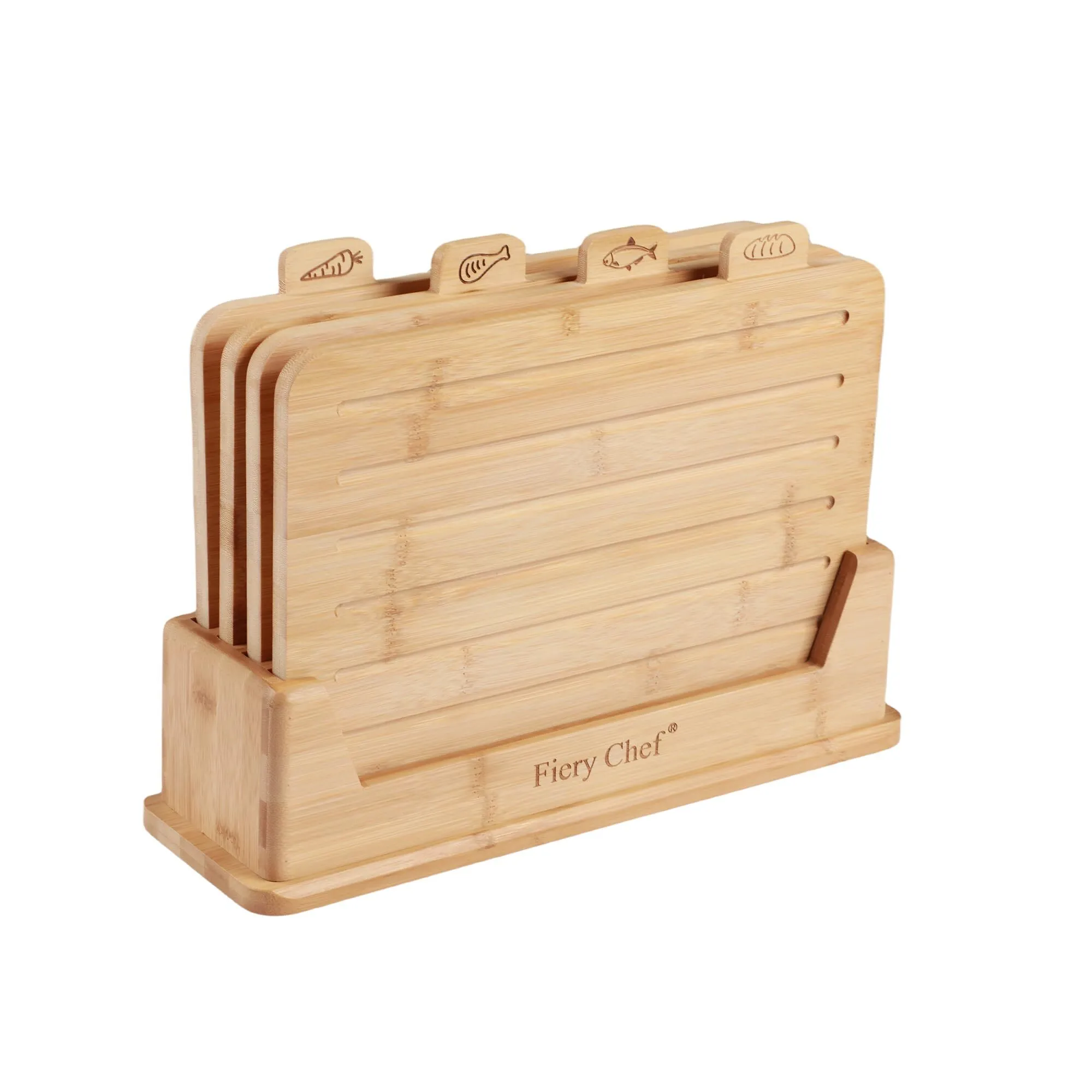 Combohome Bamboo Cutting Board Set of 4 - Wood Cutting Board Set with Holder, Chopping Boards Set with Food Icons, Juice Groove 1