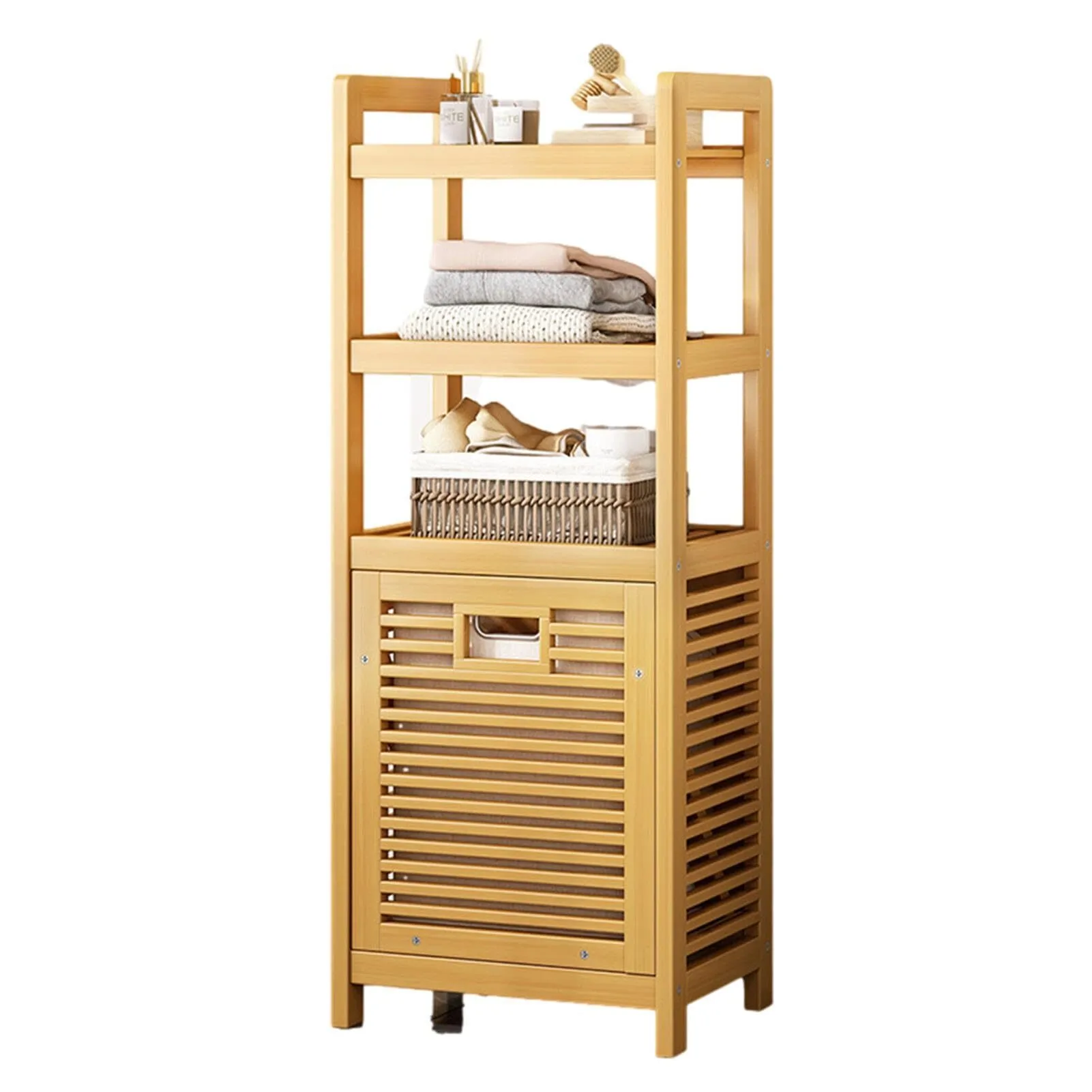 Cesto de ropa sucia Combohome de bambú, soporte clasificador de ropa multicapa, perchero con estante, carrito clasificador de ropa para baño 1