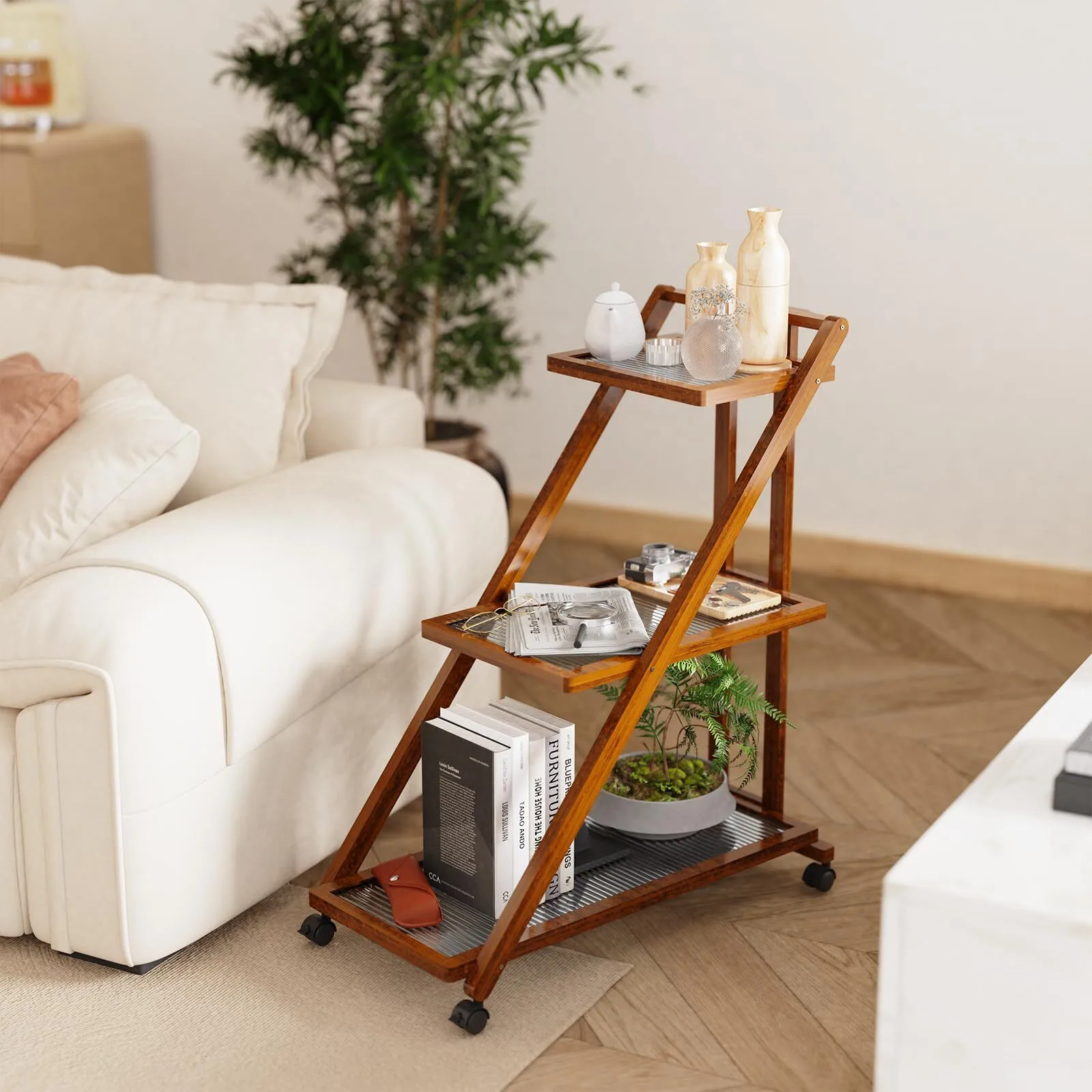 3-Tier Side Table, Bamboo  Teal Glass, Modern, 27.55 x 12.6 x 31.5 Inches, Brown-1743063868361330 1