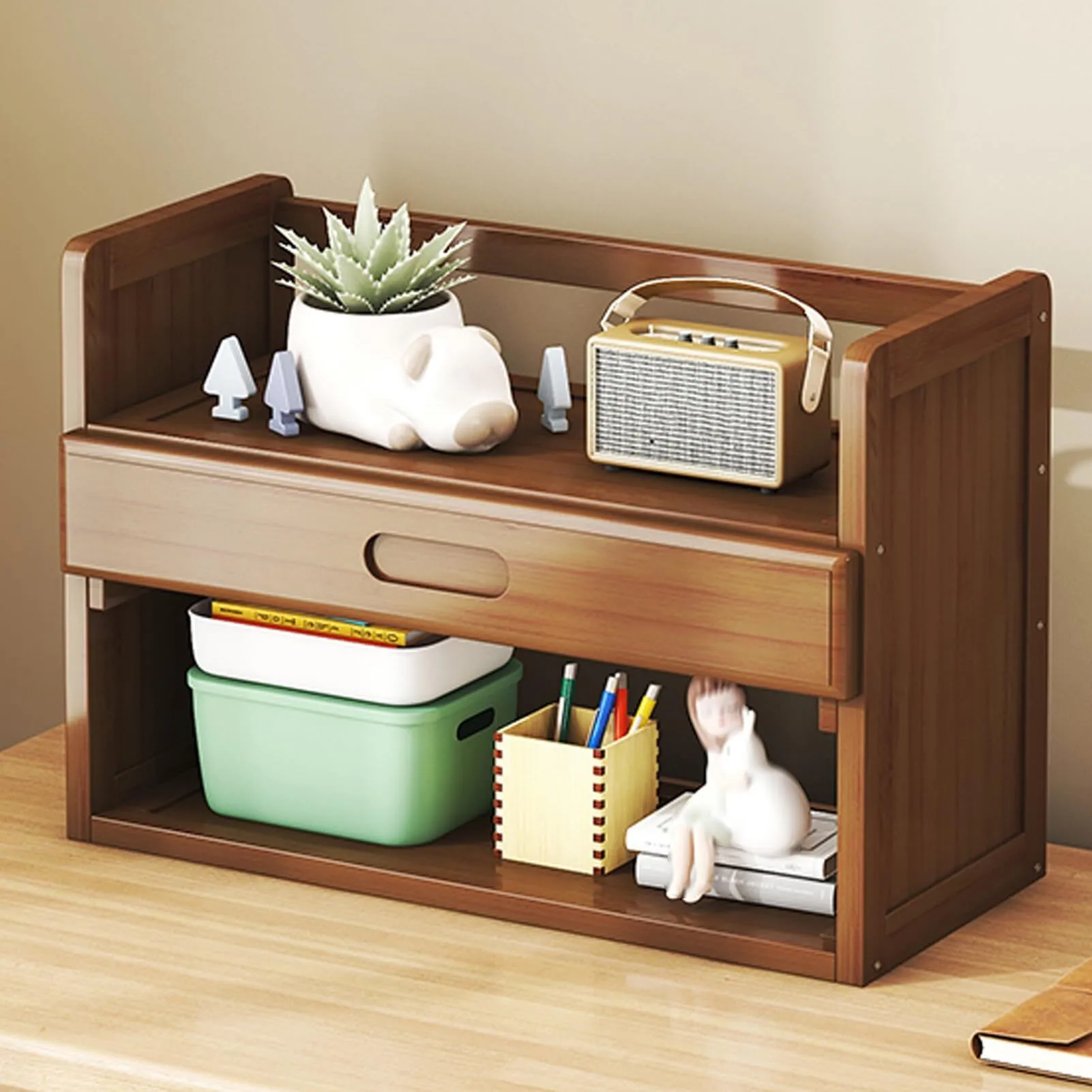 Desktop Bookshelf, Opening and Closing Drawer Storage Design, Open Desktop Organizer Shelf, 2/3-tier Bamboo Desktop Bookcase, Can Bear-1743064686740101 1