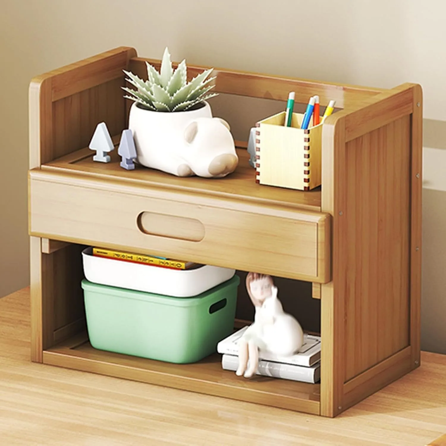 Open Desktop Organizer Shelf, 2/3-tier Bamboo Desktop Bookcase, Can Bear 40KG(Wood colorA,19.6in/50cm) 1