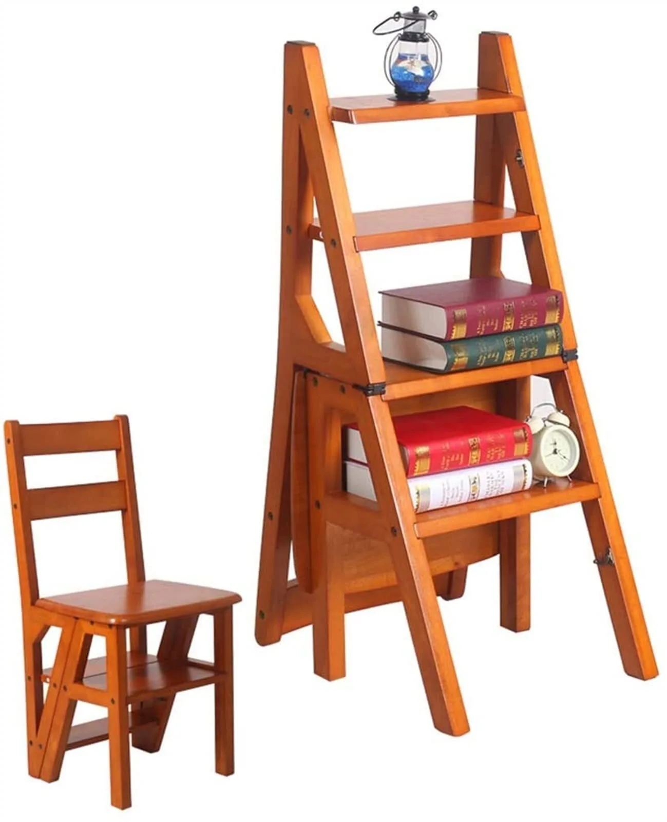 Folding Portable Ladder, Multi-Function Wooden 4-Step Ladder Non-Slip Library Bedroom Living Room Folding Step Stool Stepladder 1