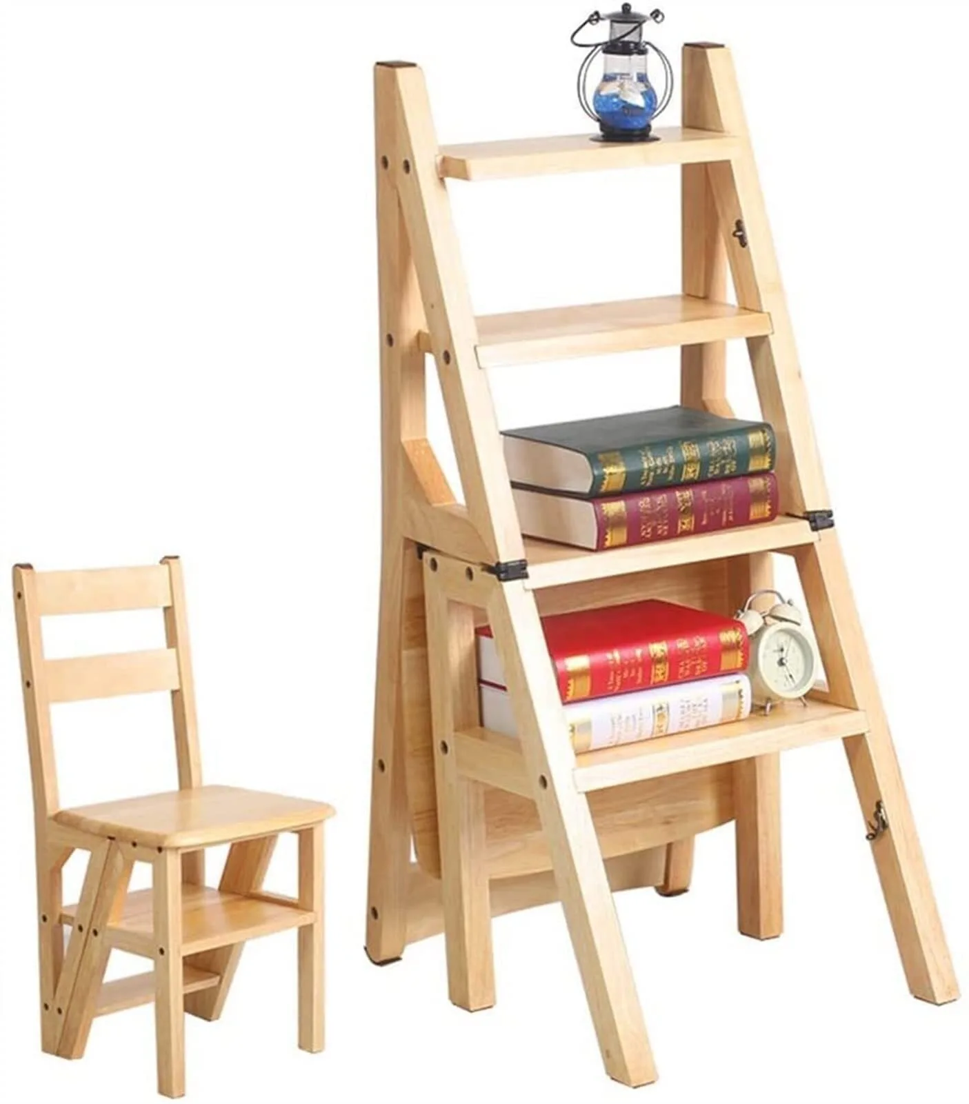 Multi-Function Wooden 4-Step Ladder Non-Slip Library Bedroom Living Room Folding Step Stool Stepladder-Natural Color 1