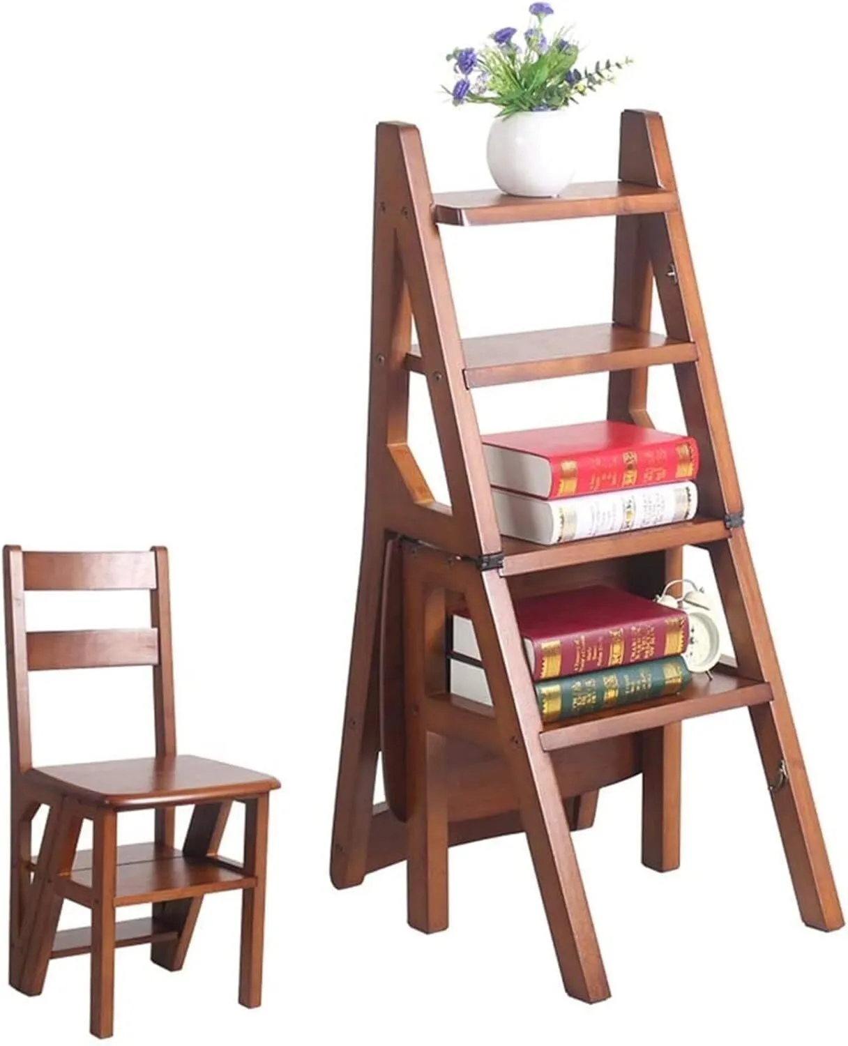 Solid Multi-Function Wooden 4-Step Ladder Living Room Folding Step Stool Stepladder-Brown Color 1