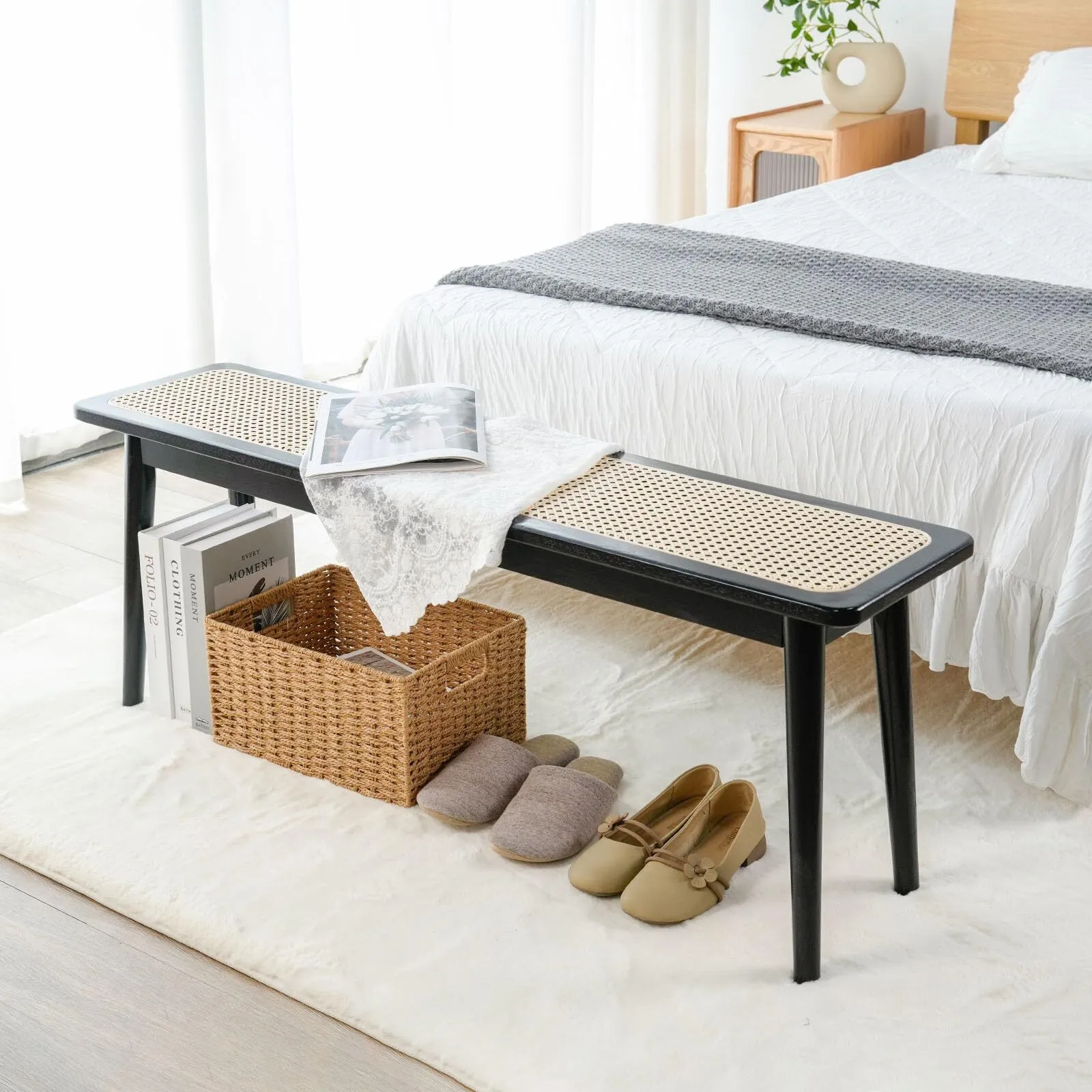 Solid Wood Kitchen Dining Bench, Mid Century Modern End of Bed Bench with Rattan Woven Top for Bedroom black 1