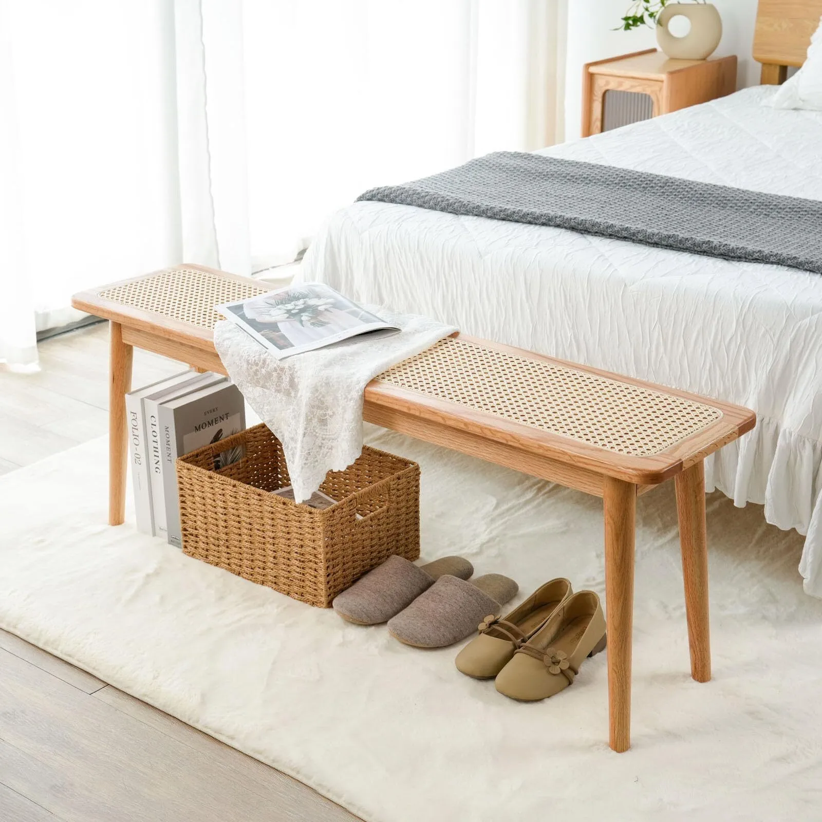 Natural Bamboo Kitchen Dining Bench Mid Century Modern End of Bed Bench with Rattan Woven Top for Bedroom-Natural Color 1