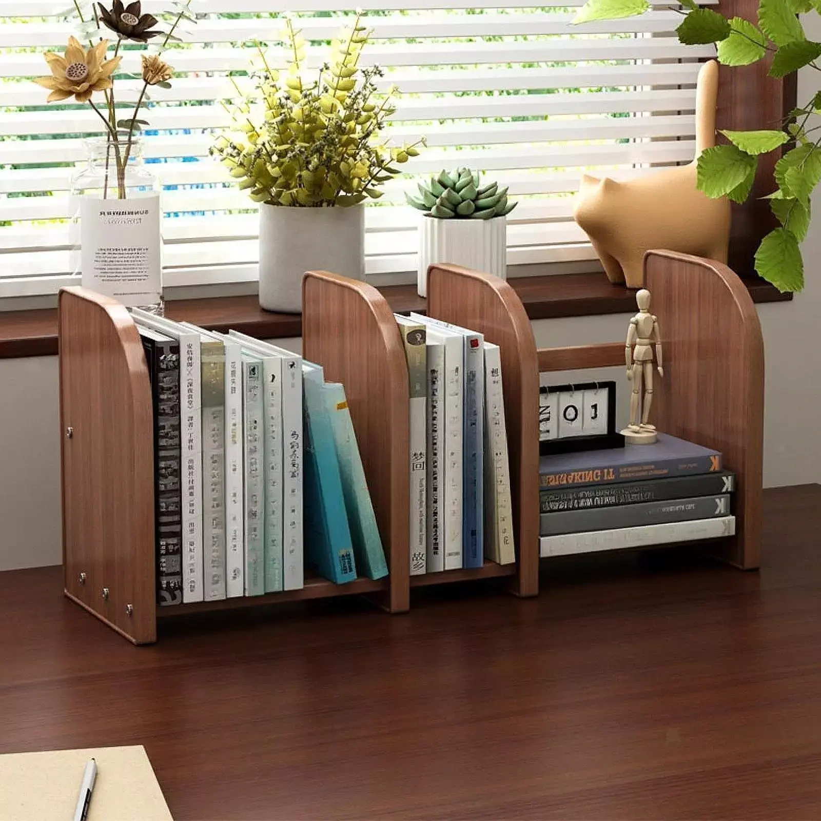 Bamboo  Wood Desktop Bookshelf Adjustable Table Top Bookcase for Home Living Room 1