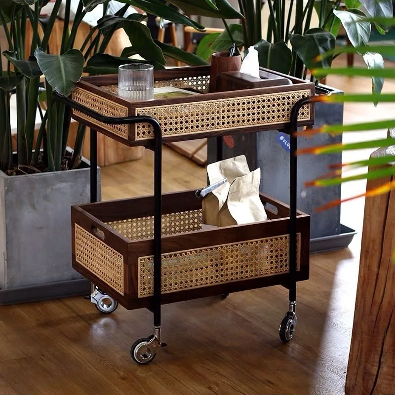 Wood Rattan Mesh Tray Rolling Cart,Kitchen Serving Cart,Trolley for Kitchen 1