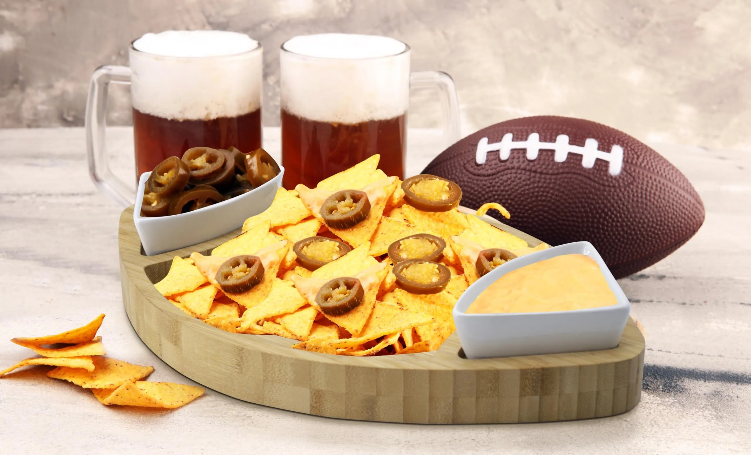 Football Shaped Bamboo Serving Tray, 3 Pieces Bamboo & Ceramic 1