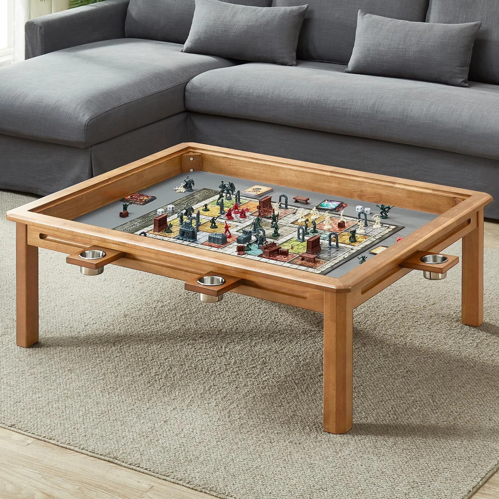 Board Game Coffee Table with Removable Table Top, Seats 4 Players with 3ft-7in x 2ft-9in Play Area, Includes Play Mat and Detachable Cup Holders, Minimal Assembly Required 1