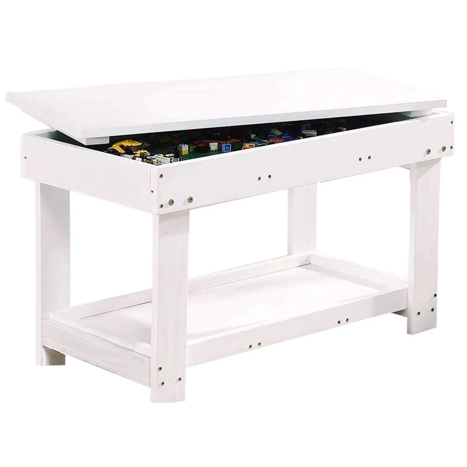 Solid Wood Small Game Table for Childern Kids Activity Table with Board and Storage for Bricks Activity Play Table (White Double Table) 1
