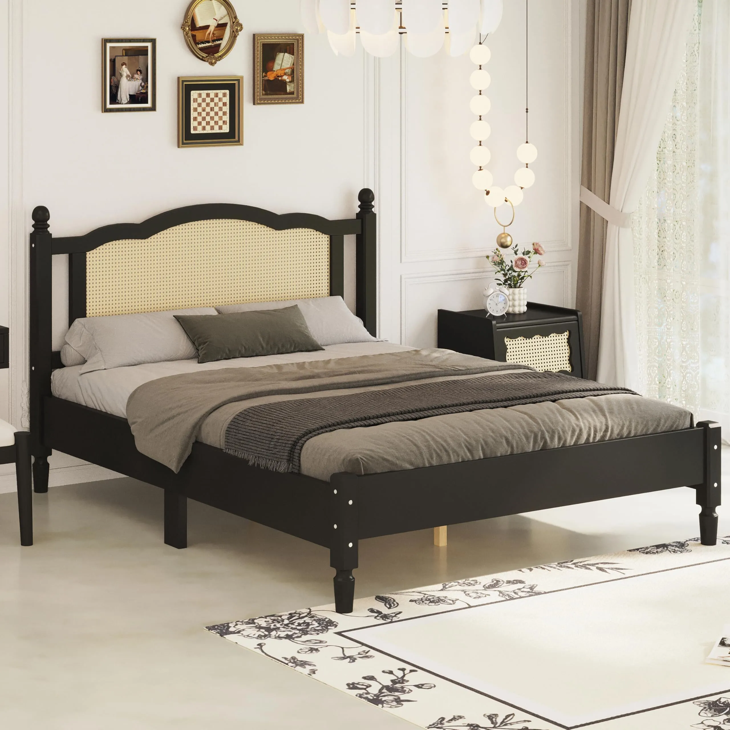 Queen Size Rattan Bed Frame, Boho Platform Bed with Rattan Headboard, Mid-Century Modern Queen Bed with Wooden Slat Support for Bedroom, No Box Spring Needed 1