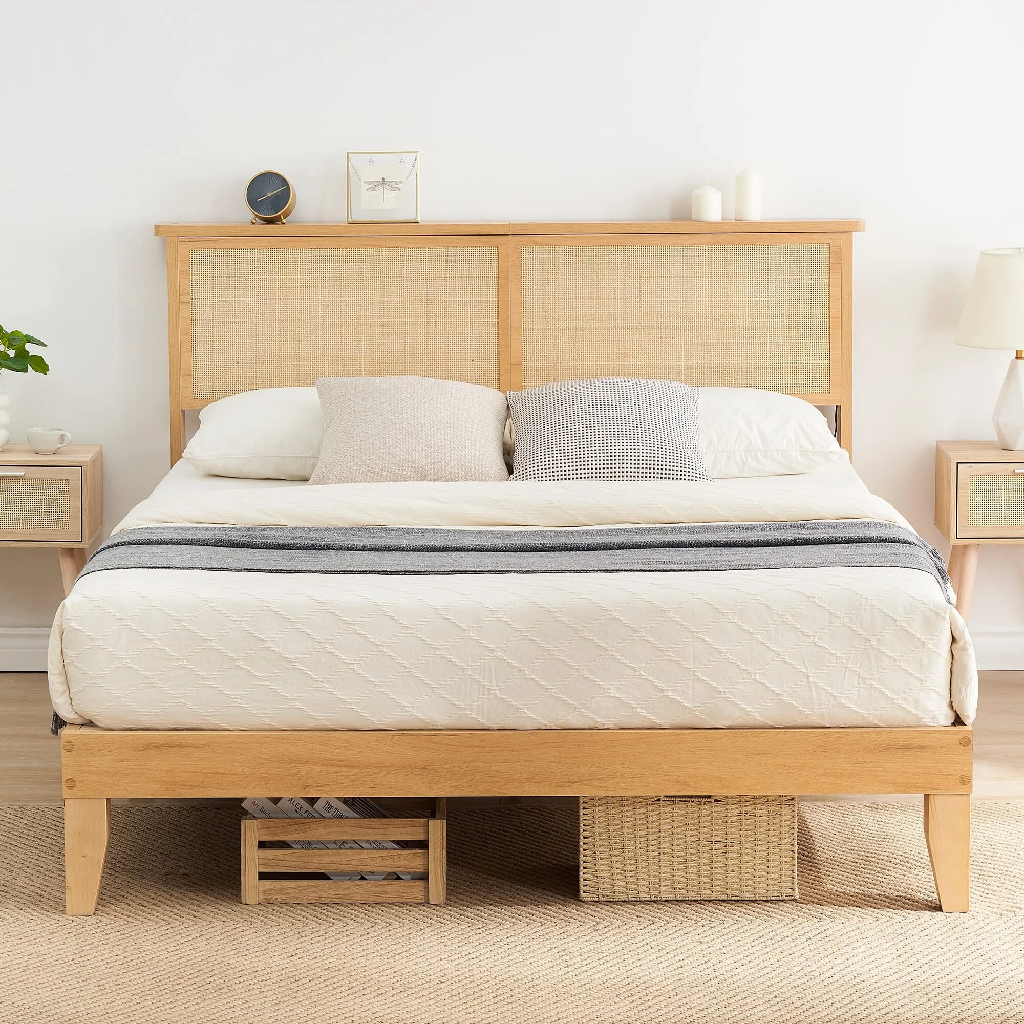 Rattan Bed Frame Queen, Natural Rattan Headboard Queen Bed Frame with Led Lights, Noise-Free Platform Bed Frame with Wooden Support Legs and Slats, Easy Assembly, No Box Spring Needed 1