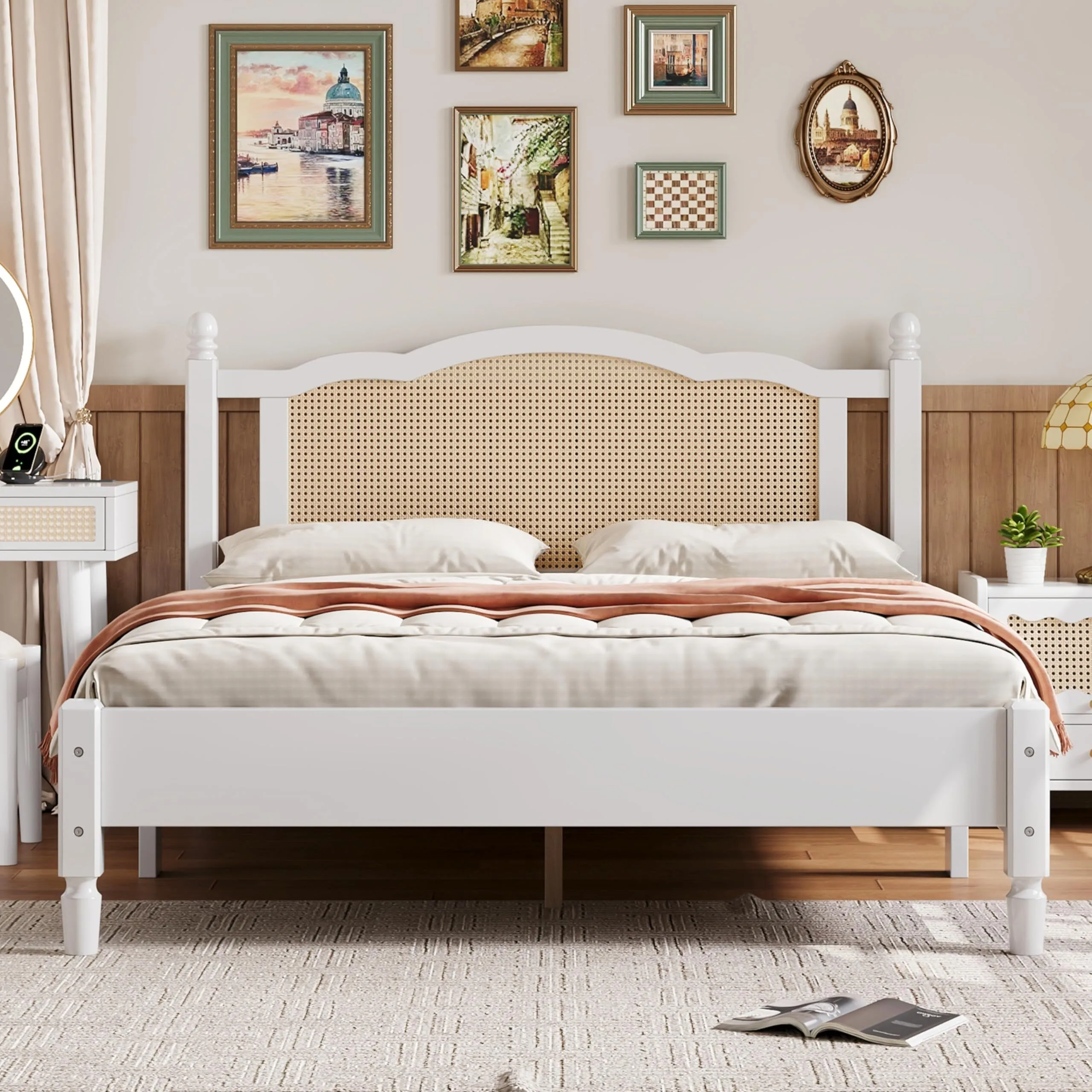 Mid-Century Modern Queen Bed with Wooden Slat Support for Bedroom, No Box Spring Needed, White 1