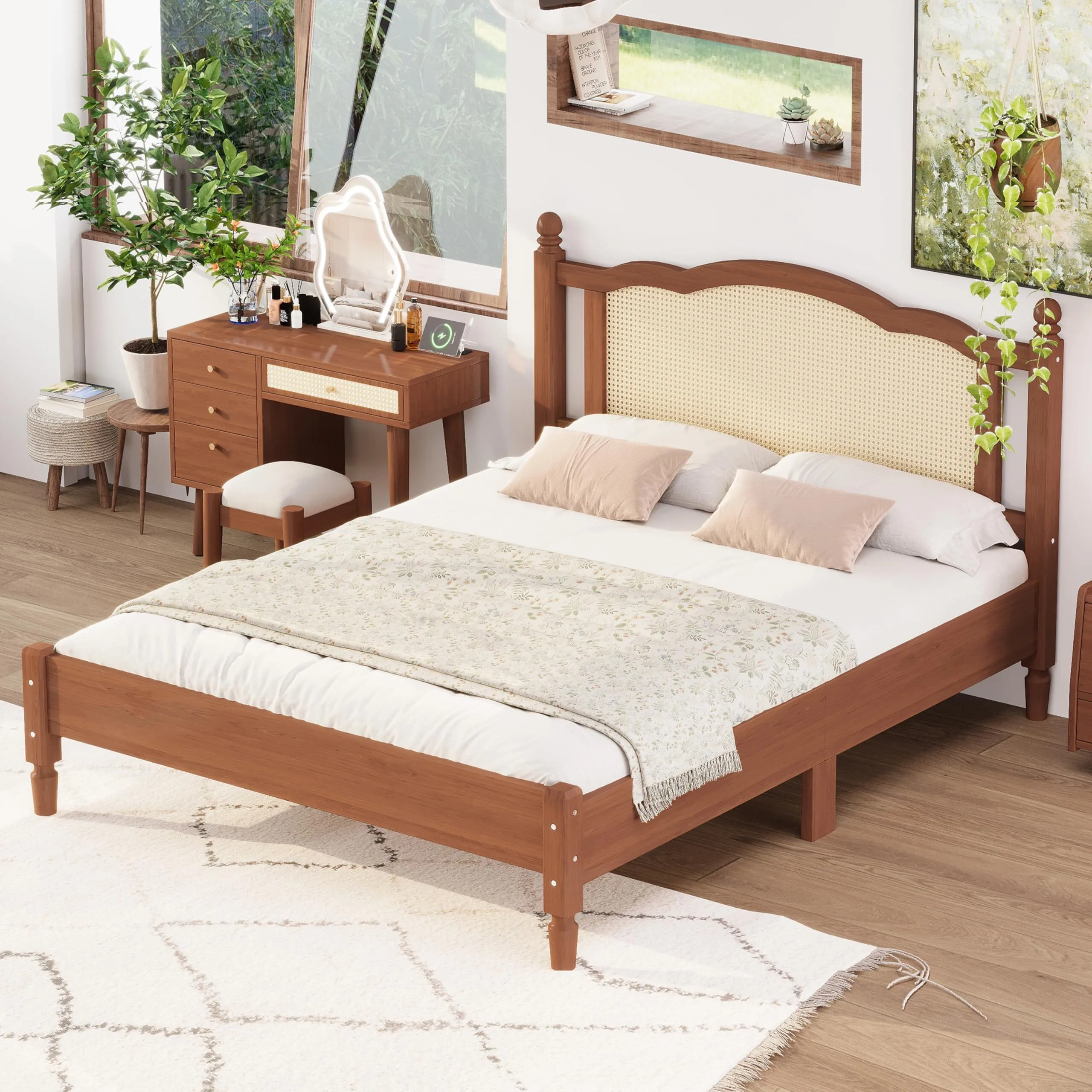 Comehome Queen Size Rattan Bed Frame, Boho Platform Bed with Rattan Headboard,Castle Place Rattan Wooden King Platform Bed ,Walnut 1