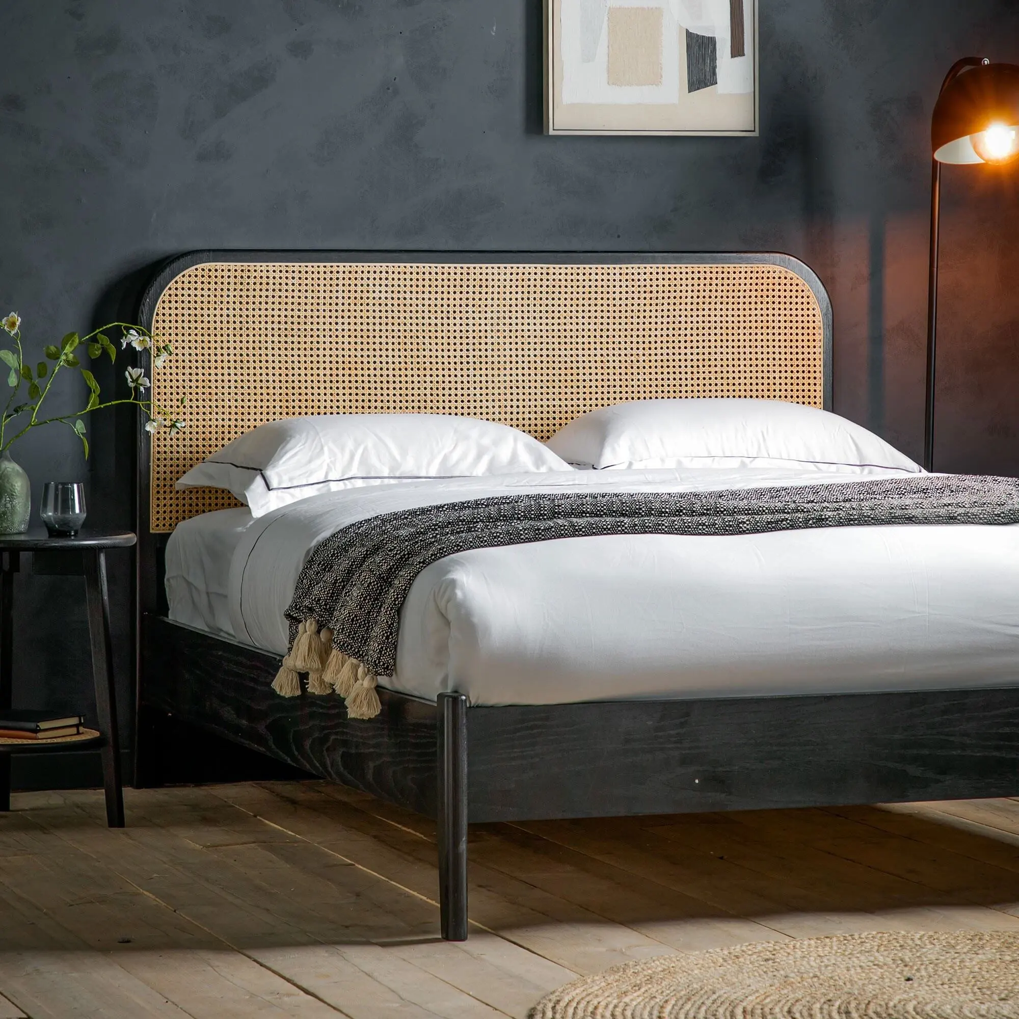 Combohome Modern Double Bed Frame Solid Wood Platform Bed Rattan Queen Size Mahogany Featuring Soft Style Storage for Bedroom 1