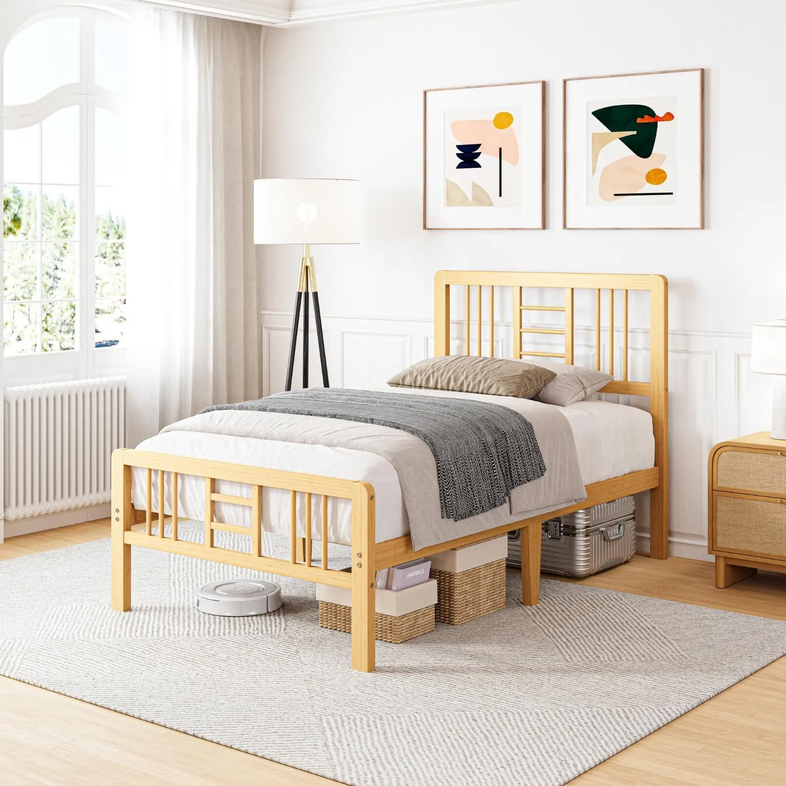 14 Inch High Bamboo Twin Bed Frame with Headboard and Footboard, Wood Bed Frame Twin Metal Slat Support Heavy Duty, No Box Spring Needed, Easy Assembly, Noise Free, Reinforced 1