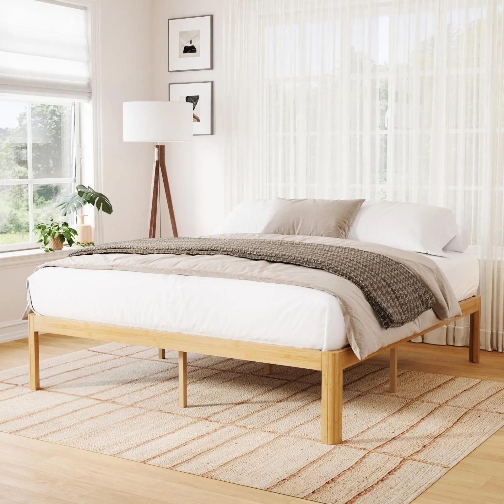 18 Inch Bamboo Wood King Size Bed Frame, Metal Slat Support King Bed Frame No Box Spring Needed, Heavy Duty, Easy Assembly, Noise Free, Reinforced 1