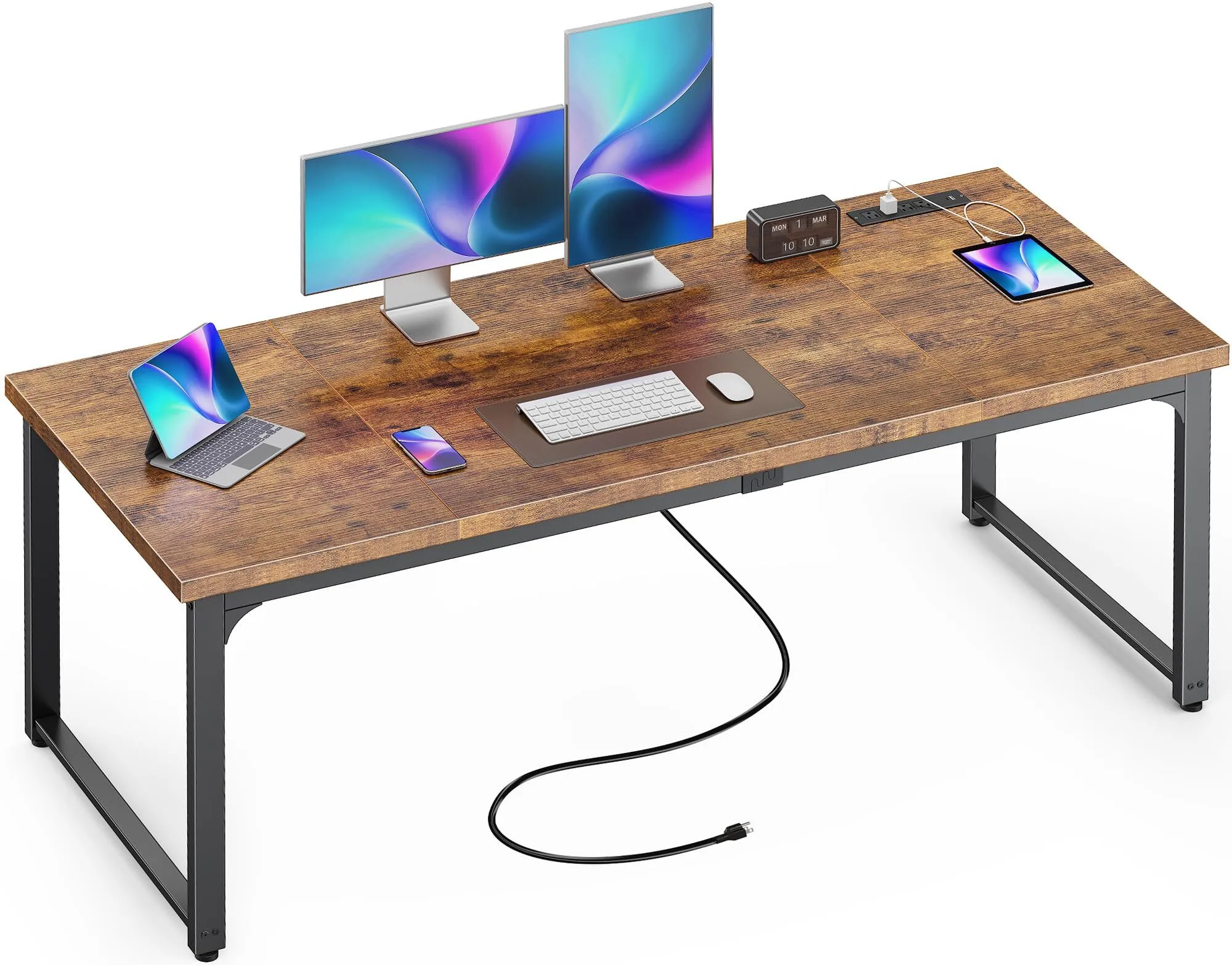 Bureau de 63 pouces avec prises de courant & USB-C, bureau d'ordinateur, bureau lourd, bureau de travail pour le bureau à domicile, brun rustique 1
