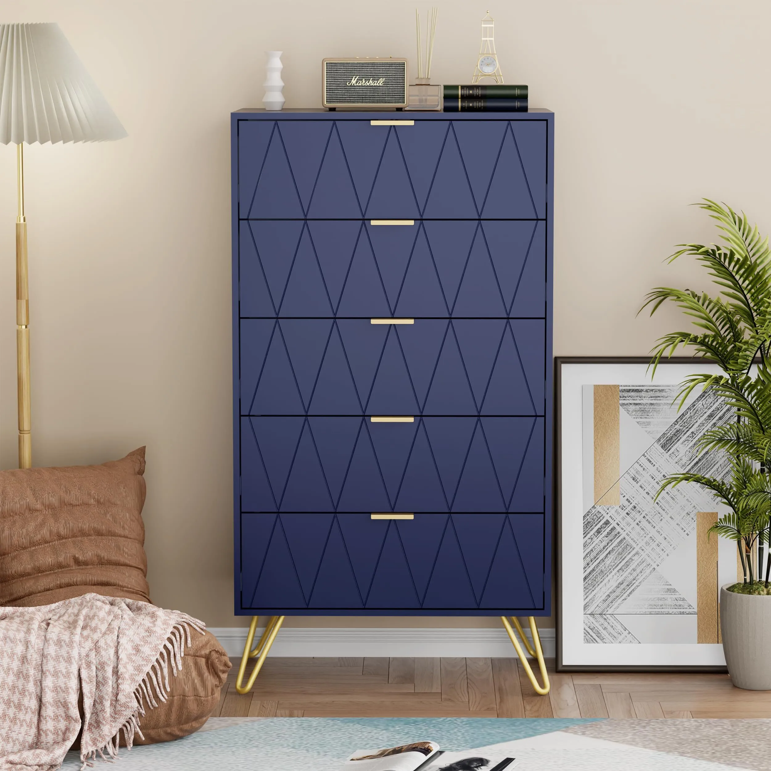 5 tiroirs coffre de tiroirs modernes rangement de style scandinave coffre de tiroirs avec des poignées en or et des pieds coffre étroit pour le salon couloir 60 x 34 x 110 cm bleu 1