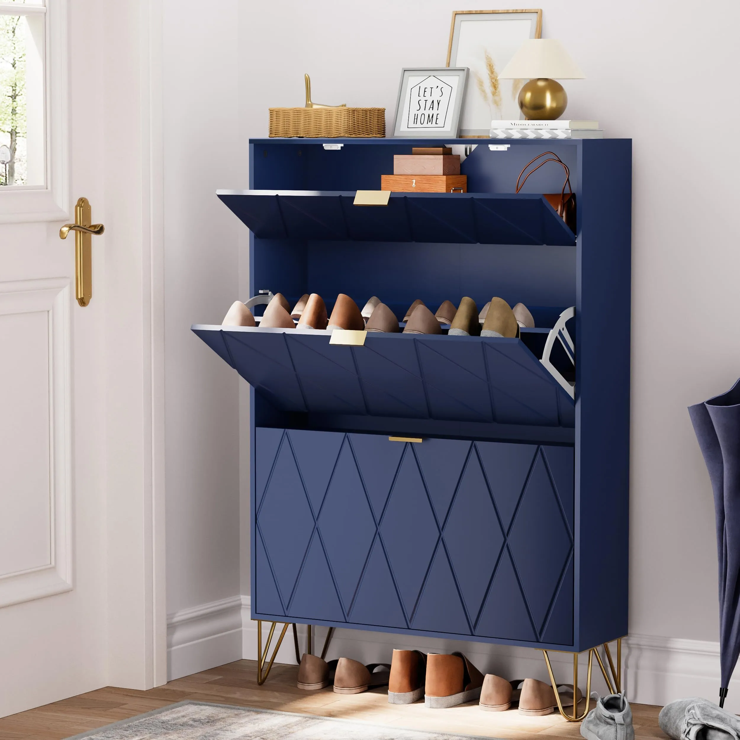 Shoe Cabinet, Shoe Cabinet for 16 Pairs, 3 Compartments (2 Shoe Storage+1 Hidden Shelf) (Navy, 80 x 24 x 120 cm) 1