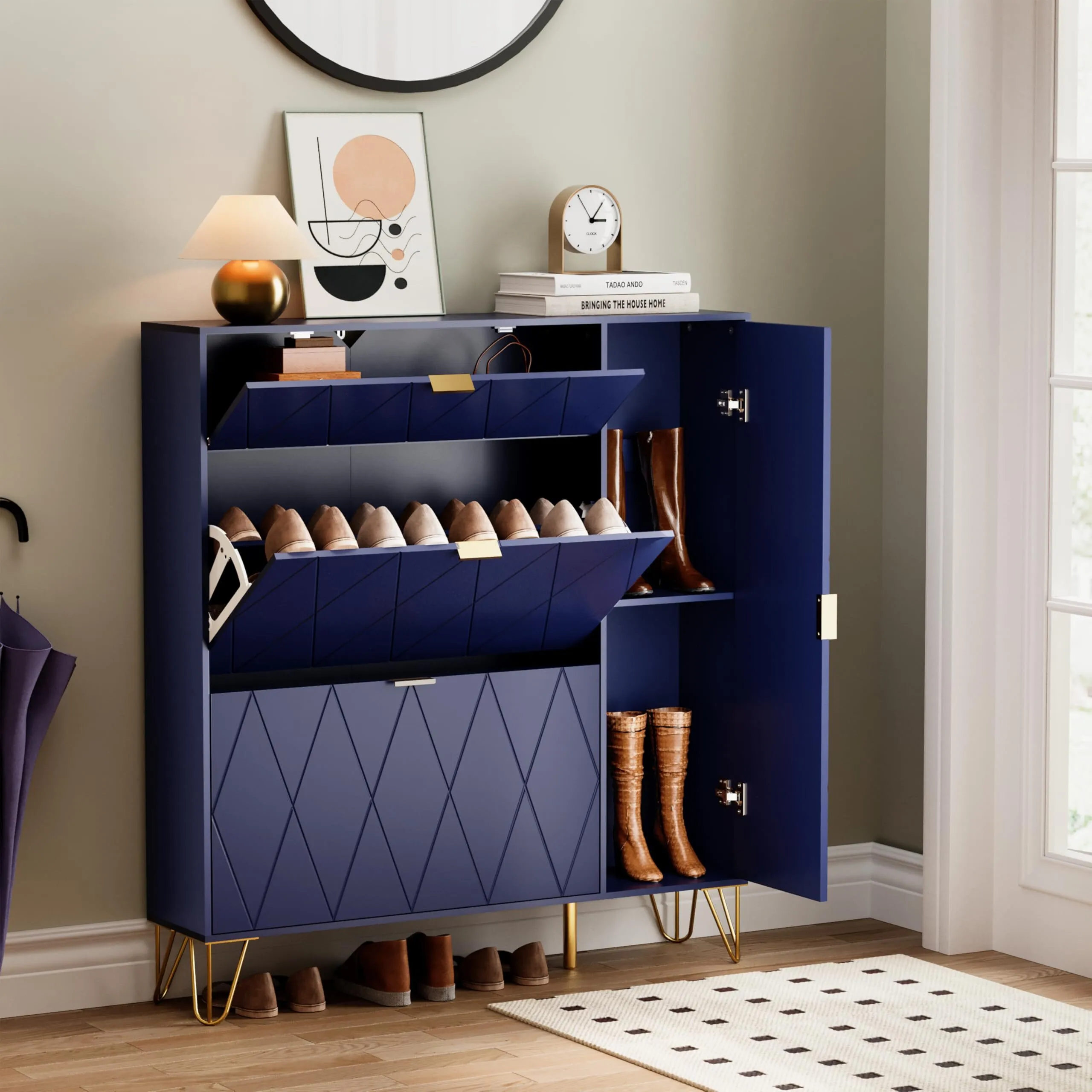Gabinete de sapatos com 2 abas e 2 portas, 110 x 24 x 120 cm, armário de corredor, baú de gavetas, azul, gabinete de sapatos, magro, economizando espaço 1
