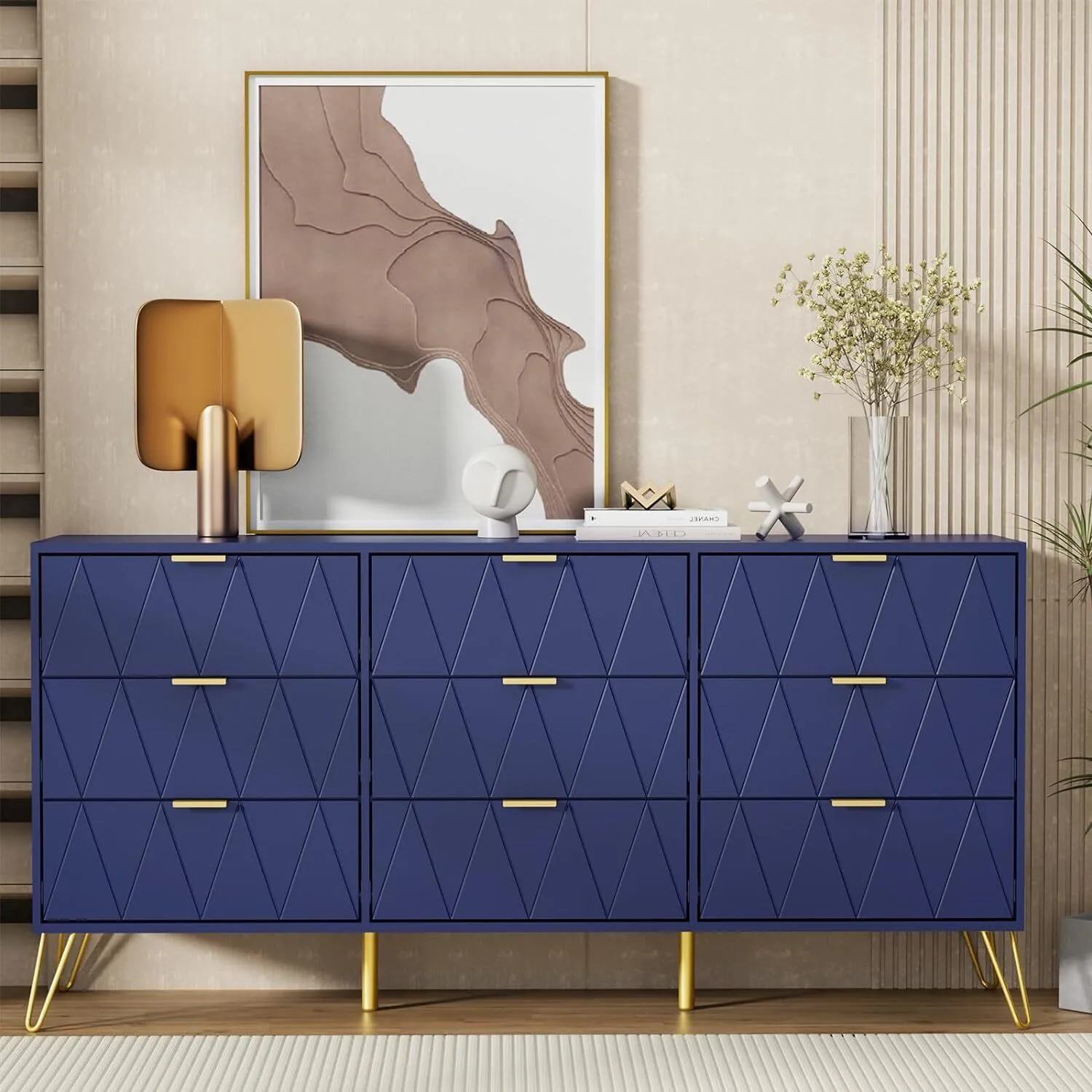 Coffre de tiroirs avec 9 tiroirs, unité de stockage pour adultes / enfants, 150 x 34 x 74 cm, style scandinave, poignées et pieds de couleur or, pour le salon, la chambre, le bureau, le bleu 1