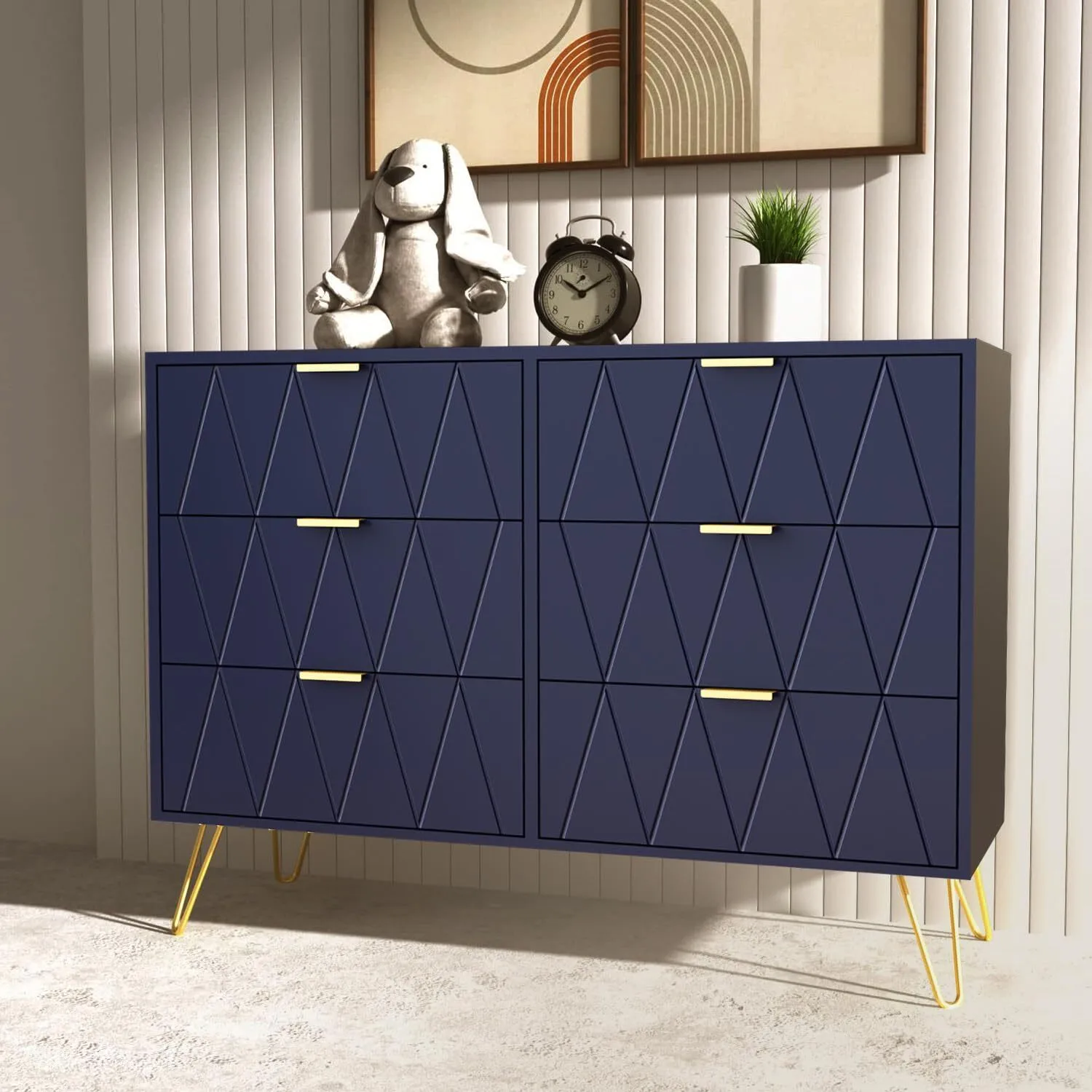 Cômodo de gavetas com 6 gavetas, unidade de armazenamento para adultos/crianças, comprimento 100 cm, padrão de linha com azul marinho especial, sala de estar de aparador, estilo escandinavo elegante, 100 x 34 x 73 cm 1