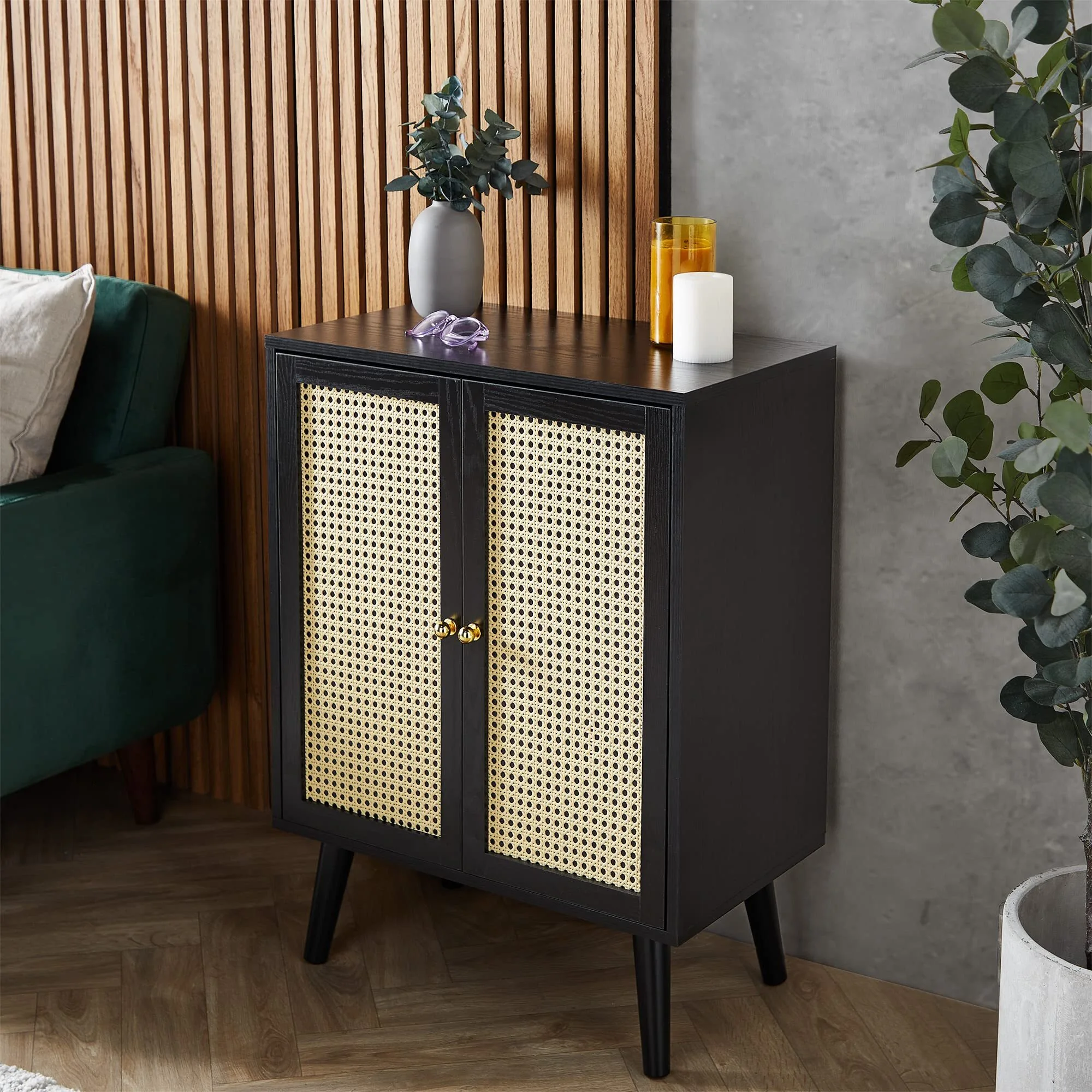 Bouchon noir, unité de buffet à 2 portes, canne 2 armoire de rangement en placard, vitrine art déco, deux étagères intérieures - salon & meuble de salon - H81 x w60 x d35cm - Whitworth 1