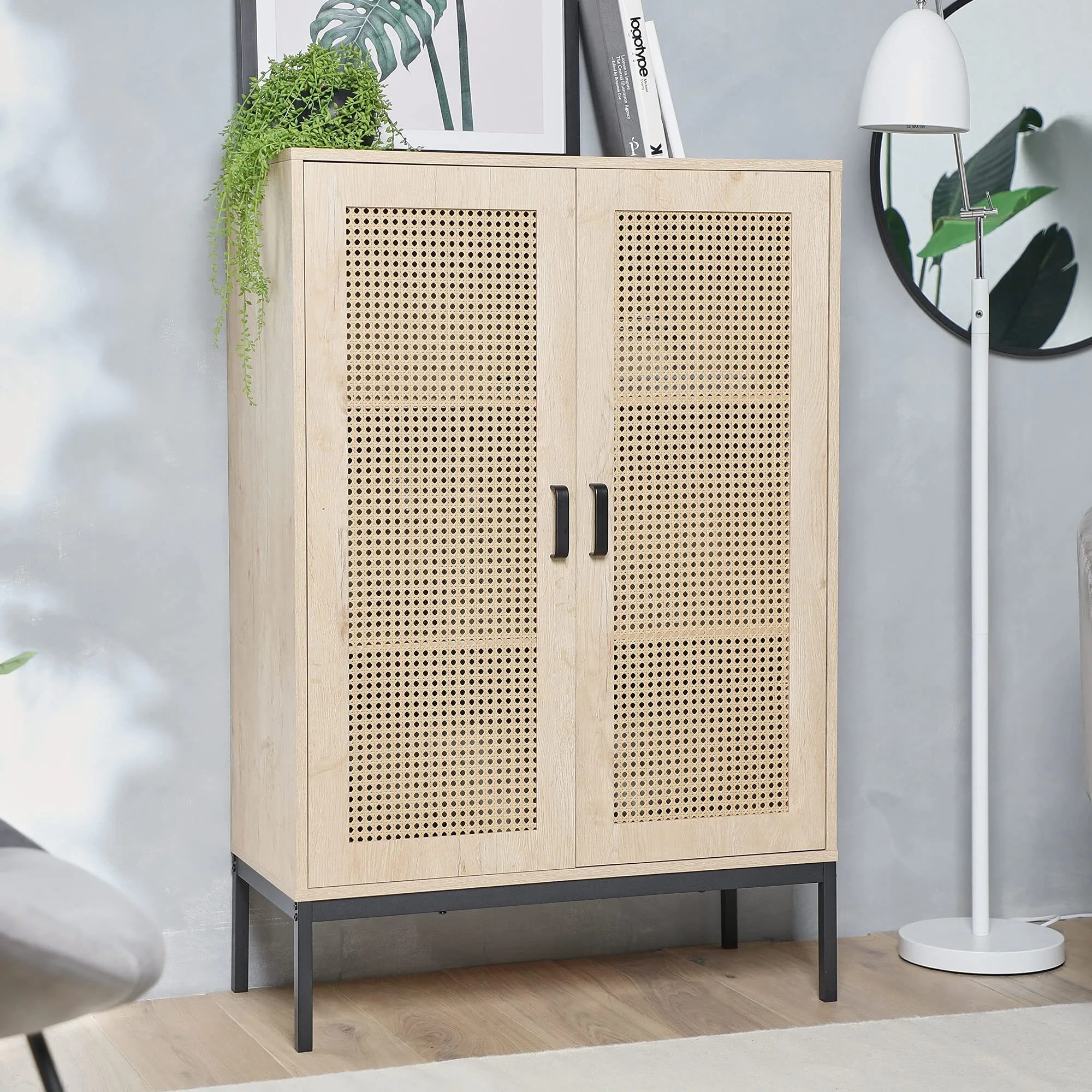 Rattan Sideboard - Tall Storage Cabinet for Living Room & Hallway - Wicker 2 Door Cupboard - Light Wood Effect Storage Unit w/ 3 Shelves - Adjustable Shelf - Industrial Scandi Furniture 1
