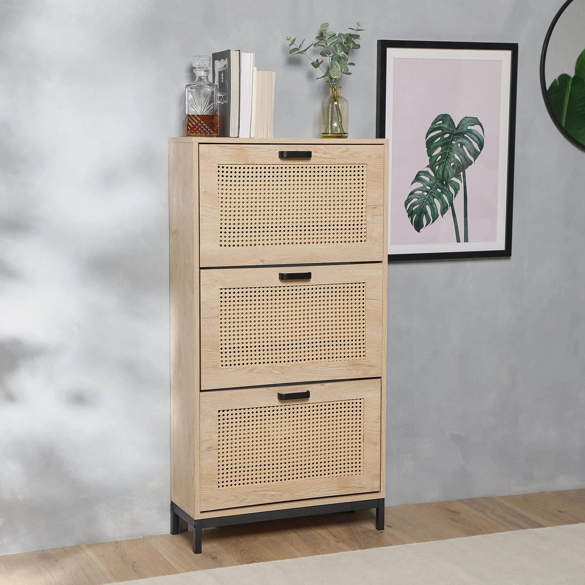 Rattan Shoe Cabinet - Wicker Shoe Cupboard w/ 3 Pull Down Doors - Light Wood Effect Footwear Organiser - Fits Shoes Up to Size 9 - Industrial Scandi Style for Living Room & Hallway 1